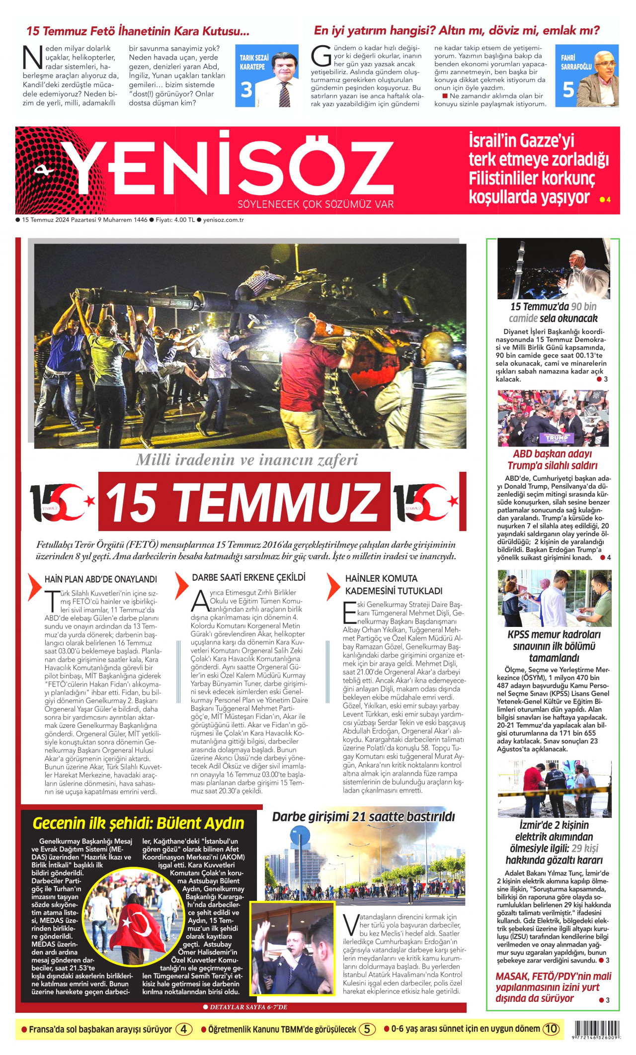 YENİ SÖZ GAZETESİ gazetesinin 15 Temmuz 2024 tarihli birinci sayfası