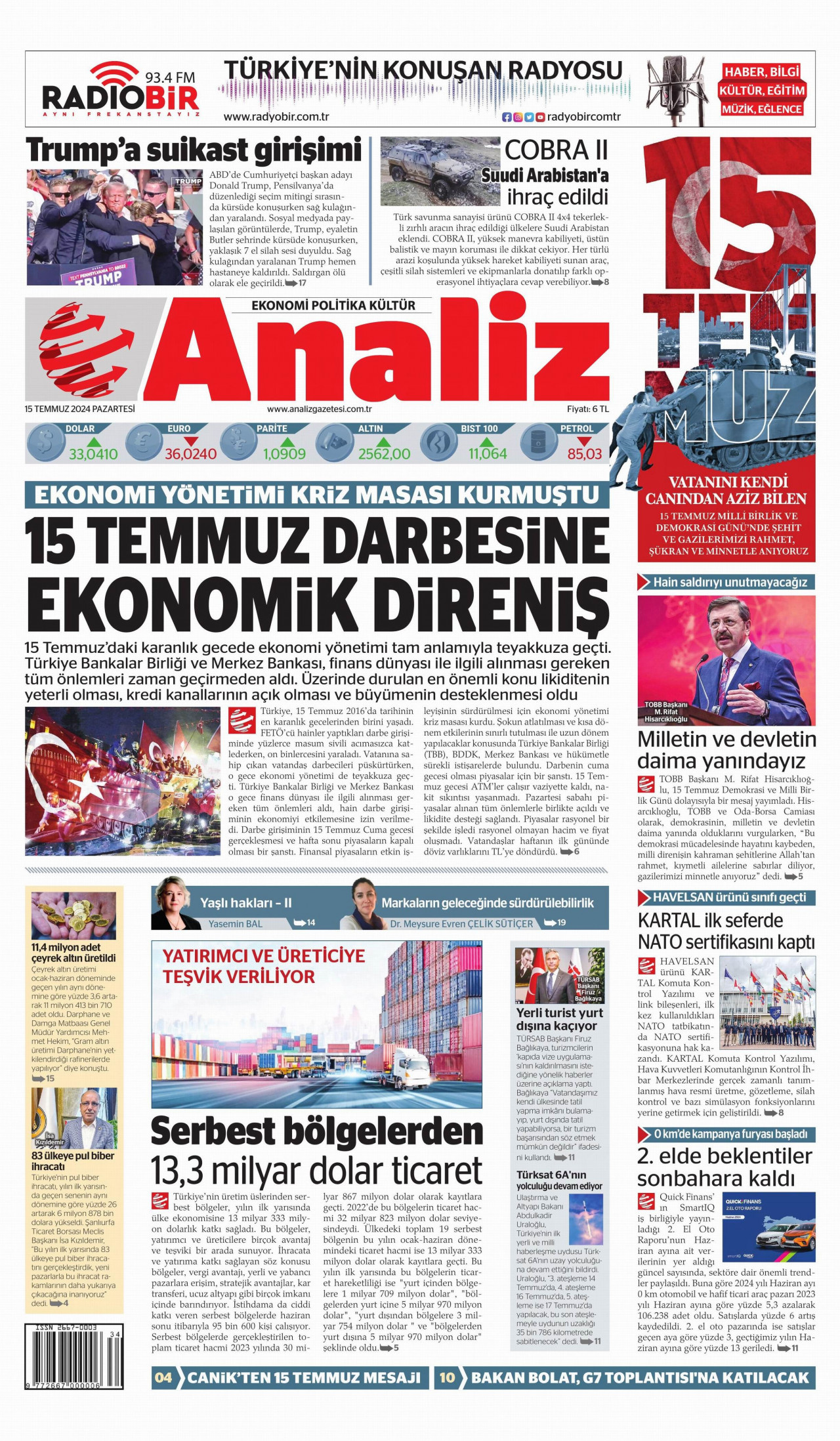ANALİZ gazetesinin 15 Temmuz 2024 tarihli birinci sayfası
