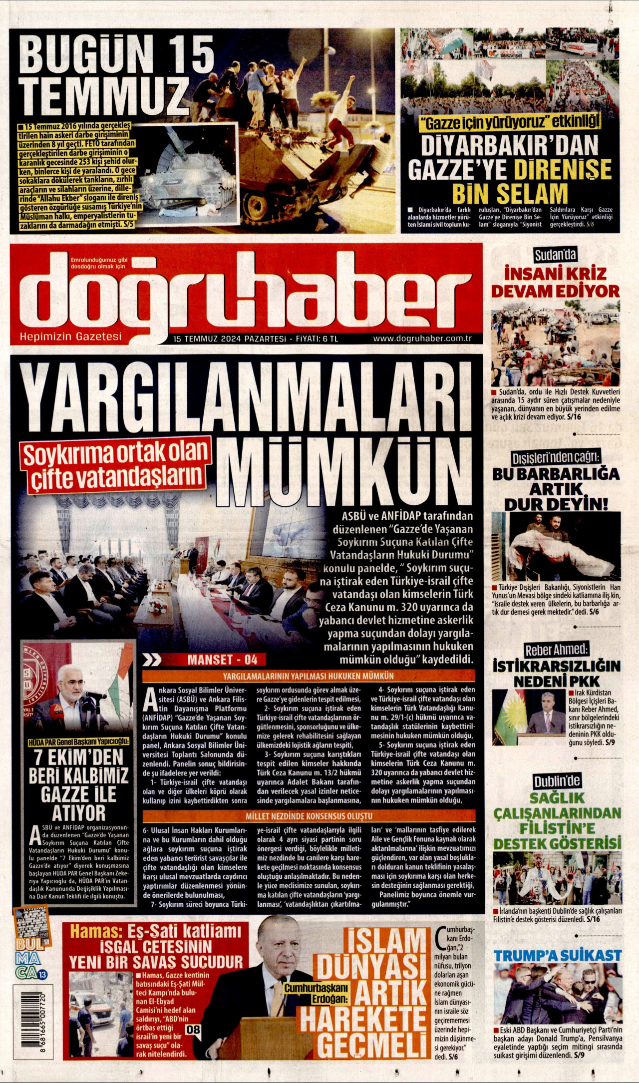 DOĞRU HABER gazetesinin 15 Temmuz 2024 tarihli birinci sayfası