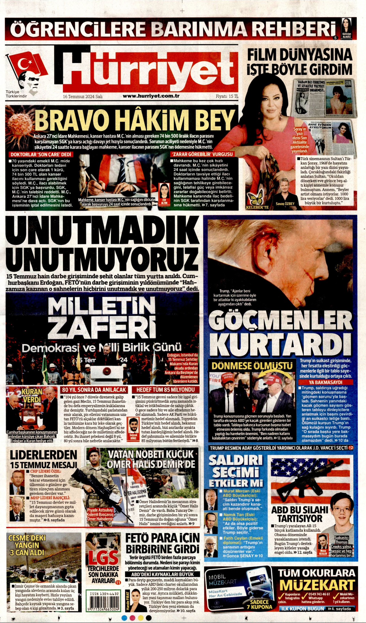 HÜRRİYET gazetesinin 16 Temmuz 2024 tarihli birinci sayfası