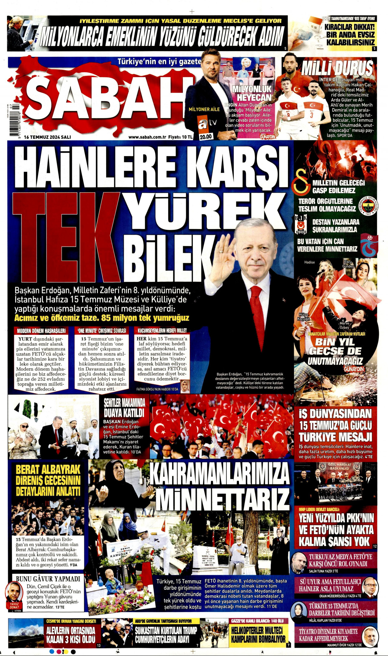 SABAH gazetesinin 16 Temmuz 2024 tarihli birinci sayfası
