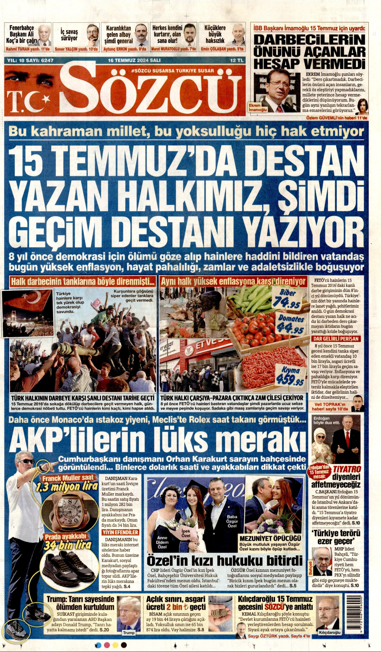 SÖZCÜ gazetesinin 16 Temmuz 2024 tarihli birinci sayfası