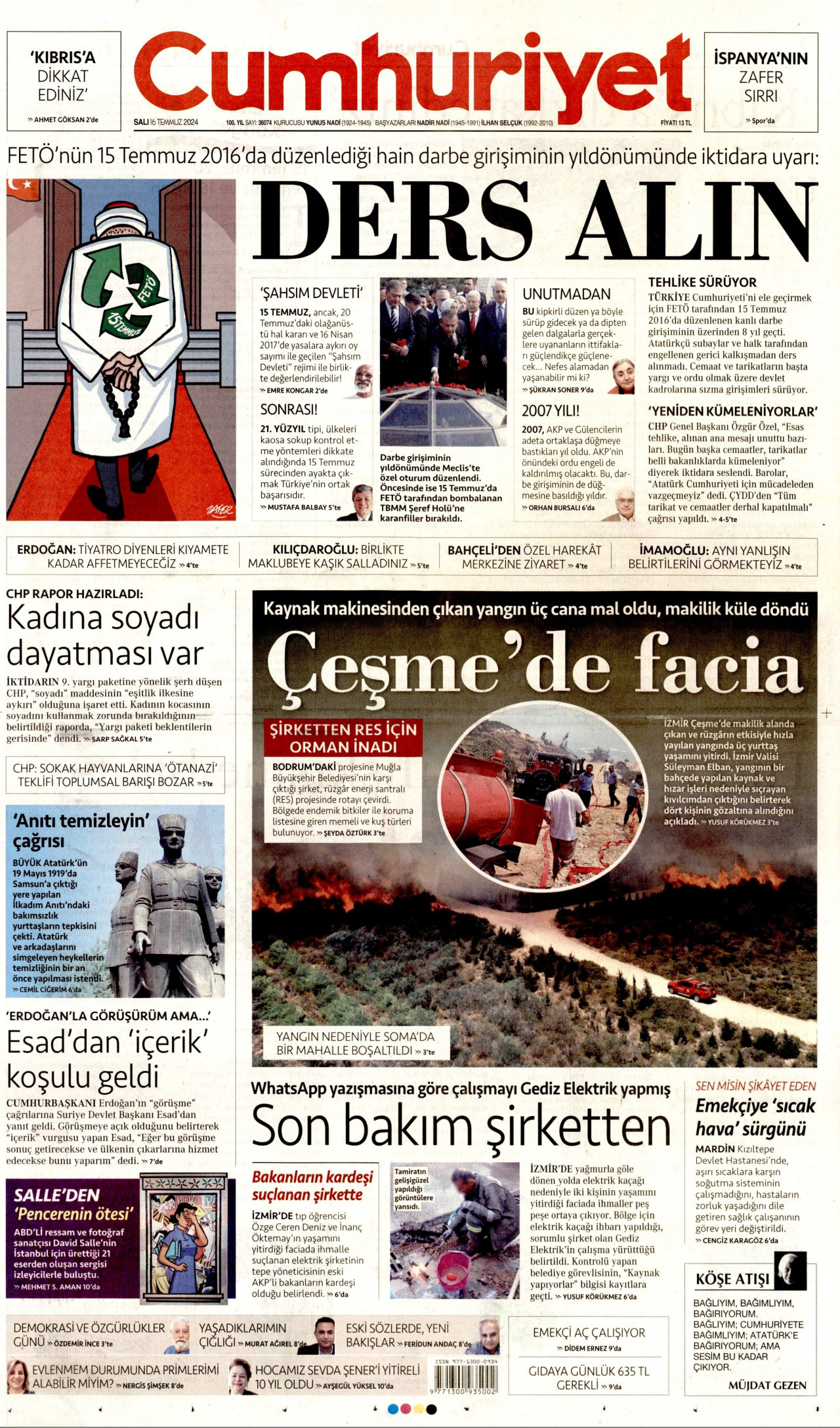 CUMHURİYET gazetesinin 16 Temmuz 2024 tarihli birinci sayfası