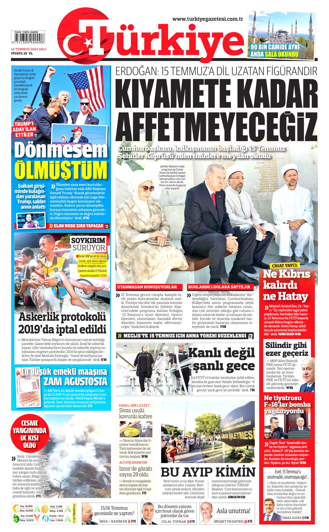 TÜRKİYE GAZETESİ gazetesinin 16 Temmuz 2024 tarihli birinci sayfası