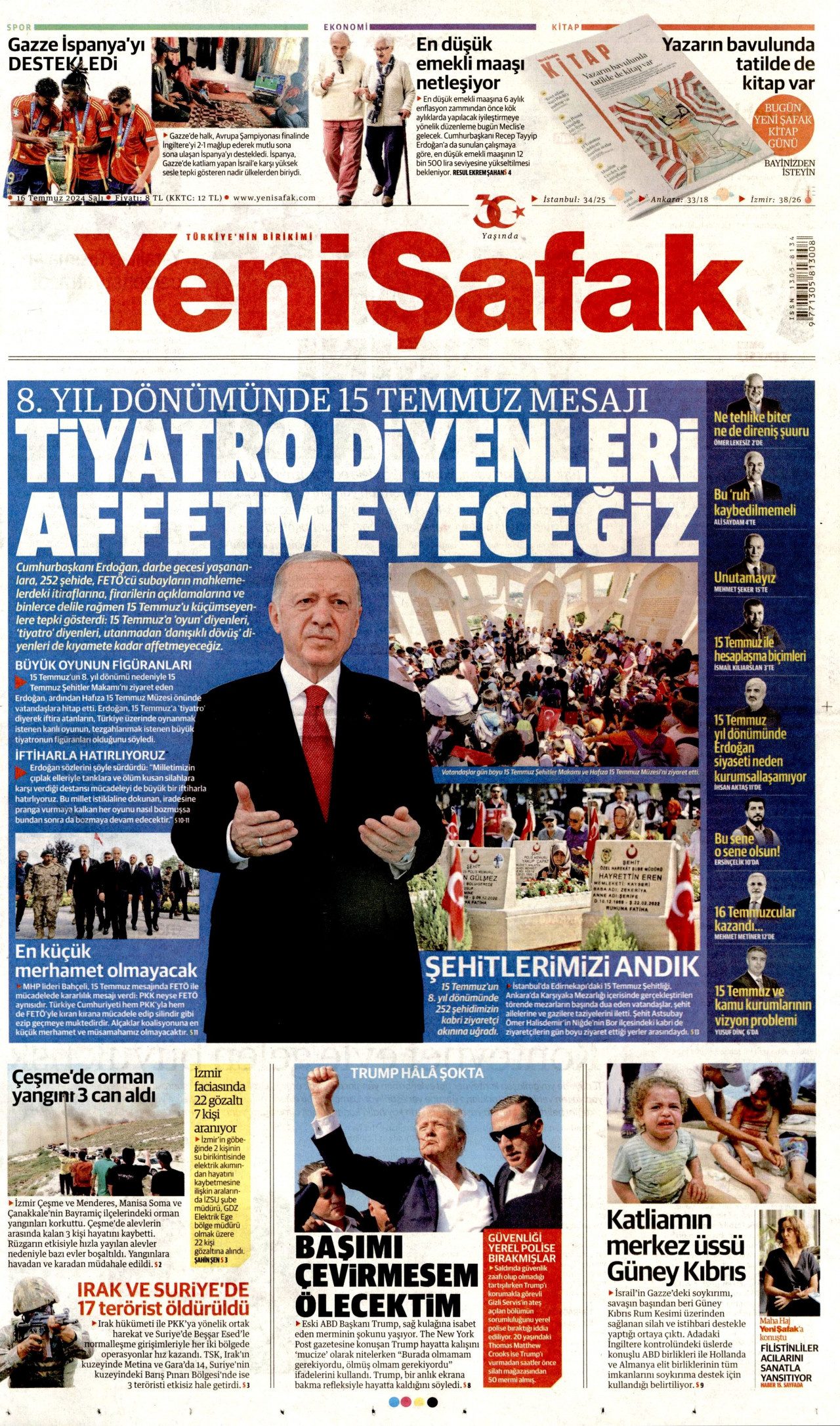 YENİ ŞAFAK gazetesinin 16 Temmuz 2024 tarihli birinci sayfası