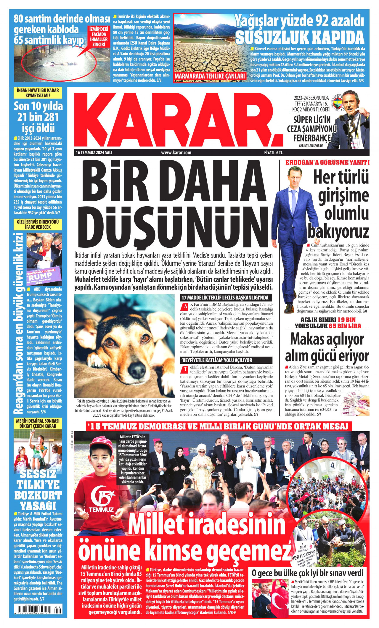 KARAR gazetesinin 16 Temmuz 2024 tarihli birinci sayfası