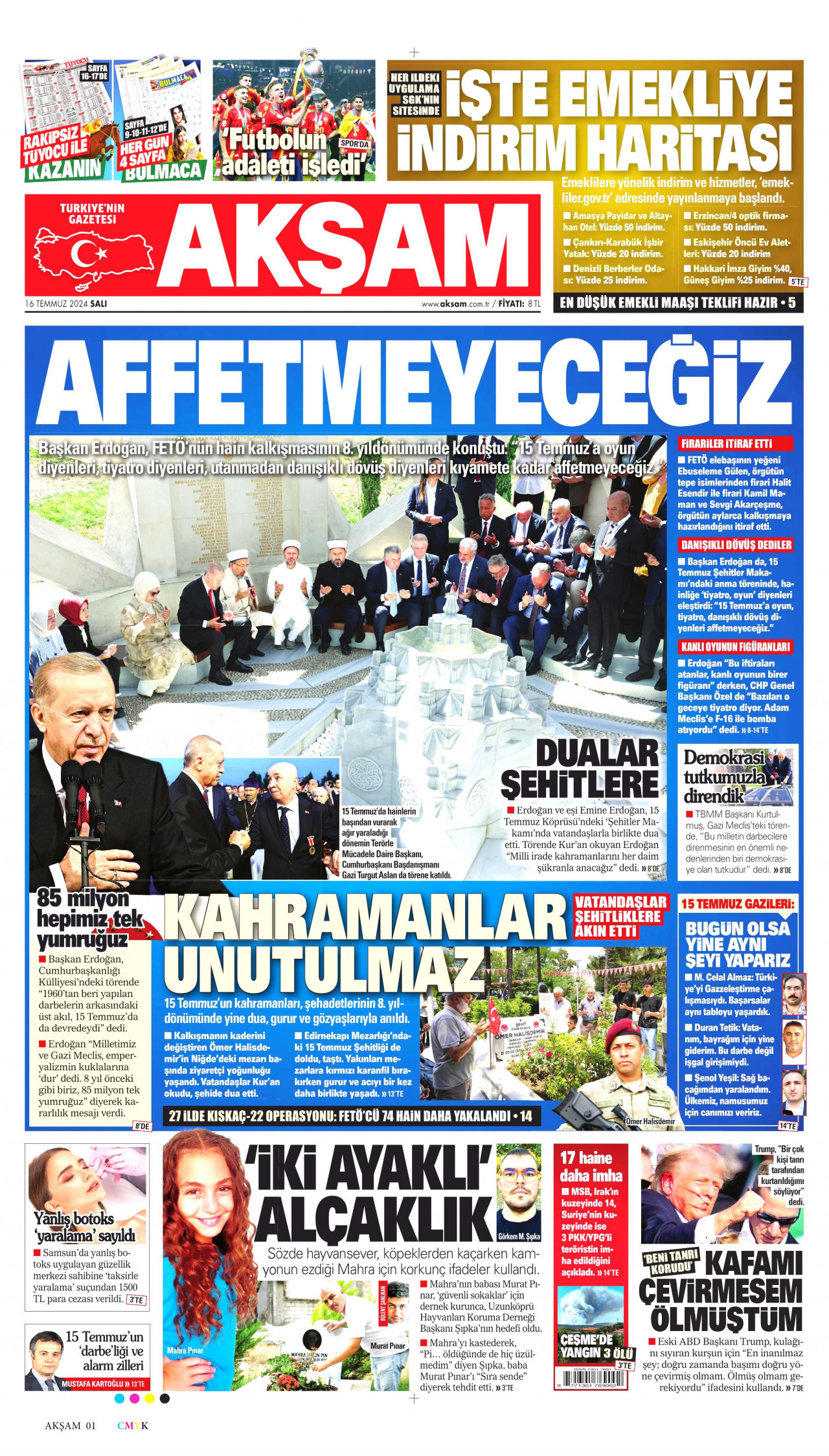 AKŞAM gazetesinin 16 Temmuz 2024 tarihli birinci sayfası