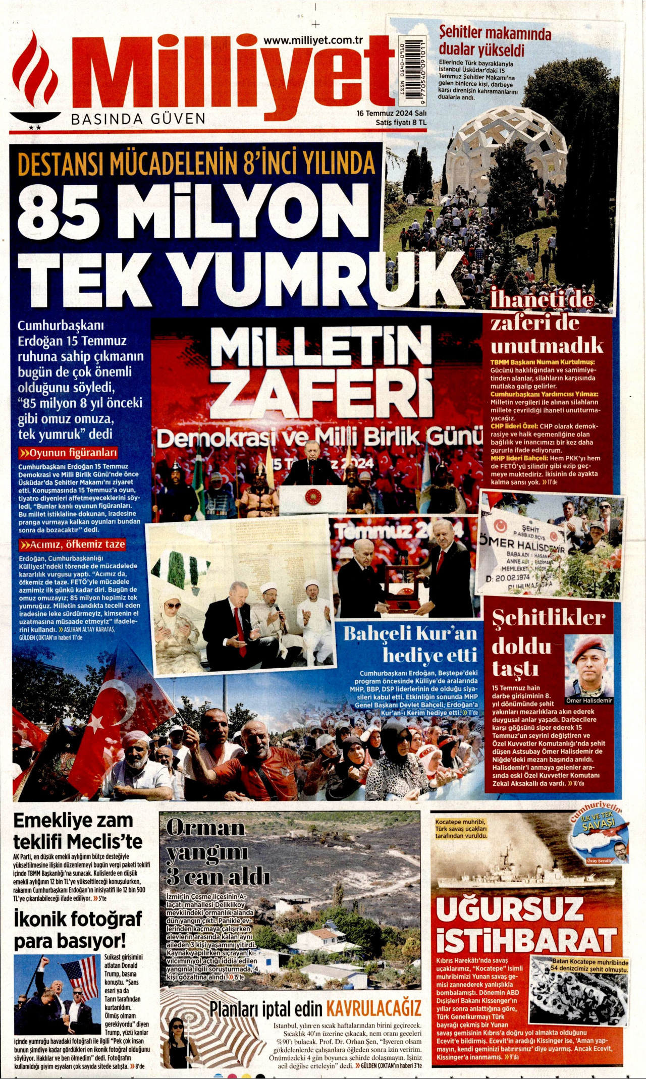 MİLLİYET gazetesinin 16 Temmuz 2024 tarihli birinci sayfası