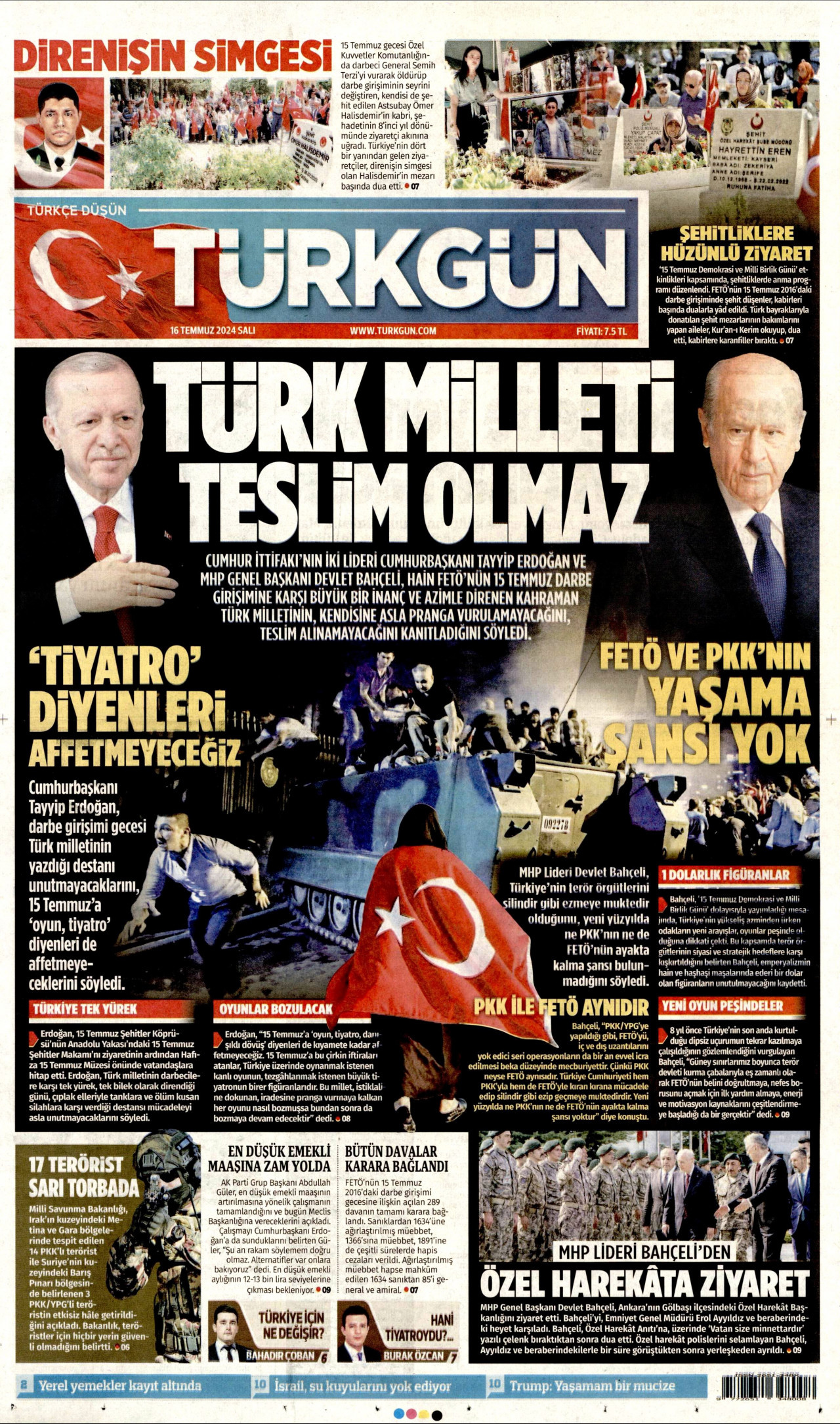 TÜRKGÜN gazetesinin 16 Temmuz 2024 tarihli birinci sayfası