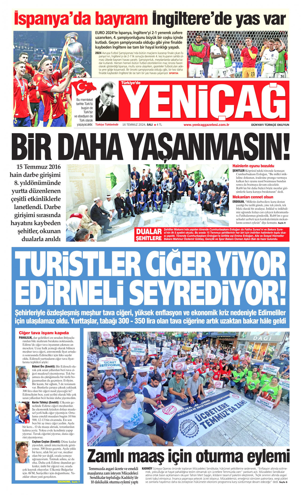 YENİÇAĞ gazetesinin 16 Temmuz 2024 tarihli birinci sayfası
