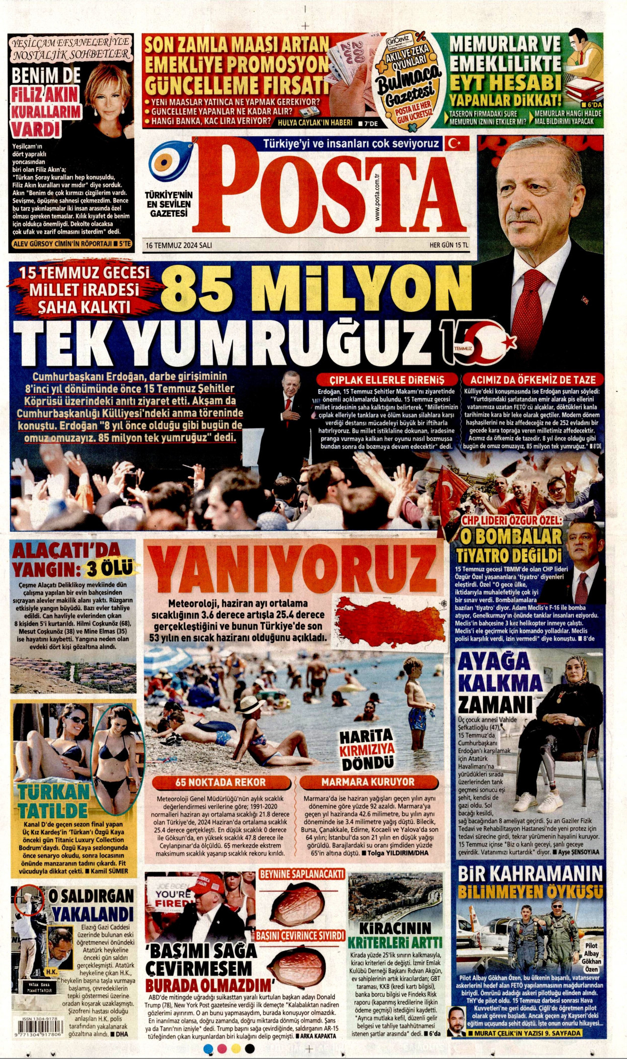 POSTA gazetesinin 16 Temmuz 2024 tarihli birinci sayfası