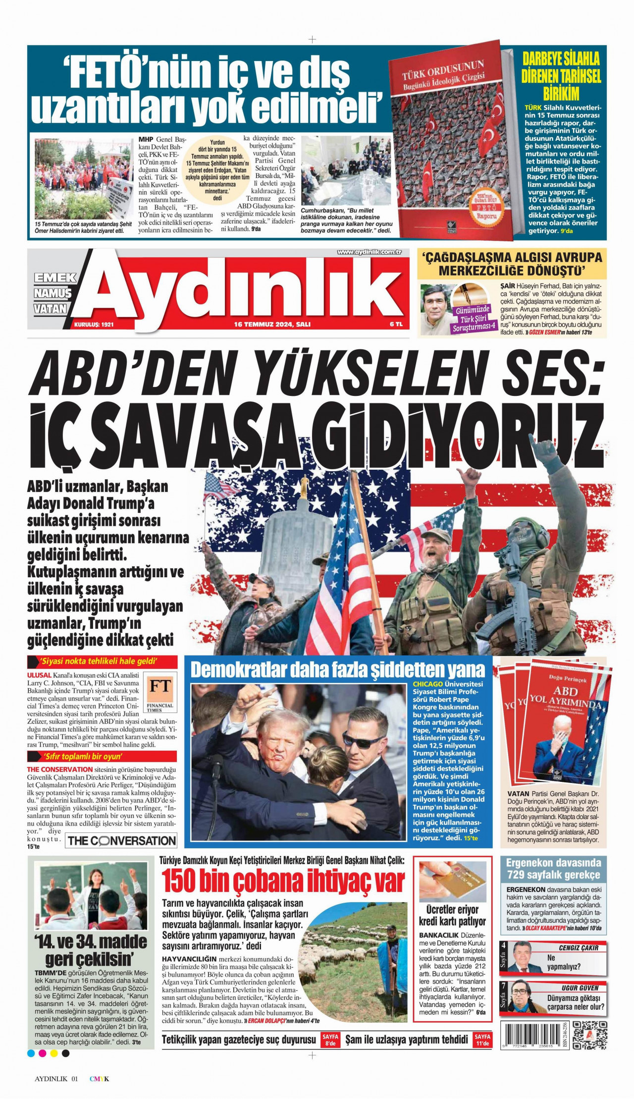 AYDINLIK GAZETESİ gazetesinin 16 Temmuz 2024 tarihli birinci sayfası