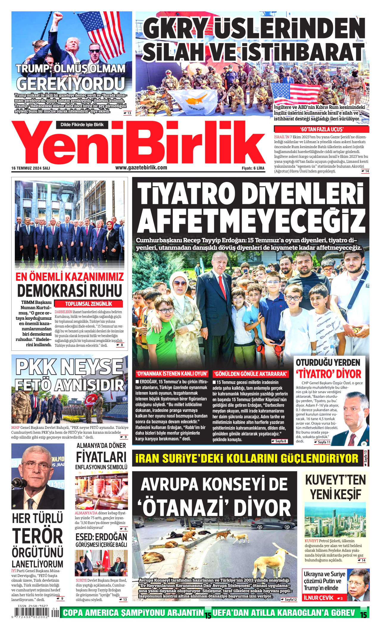 YENİBİRLİK gazetesinin 16 Temmuz 2024 tarihli birinci sayfası