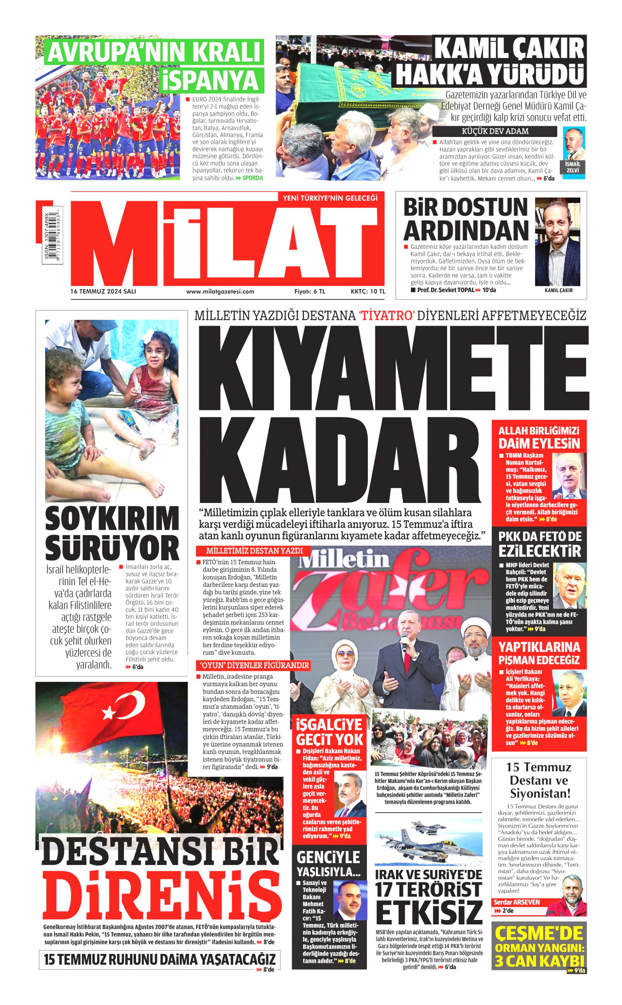 MİLAT gazetesinin 16 Temmuz 2024 tarihli birinci sayfası