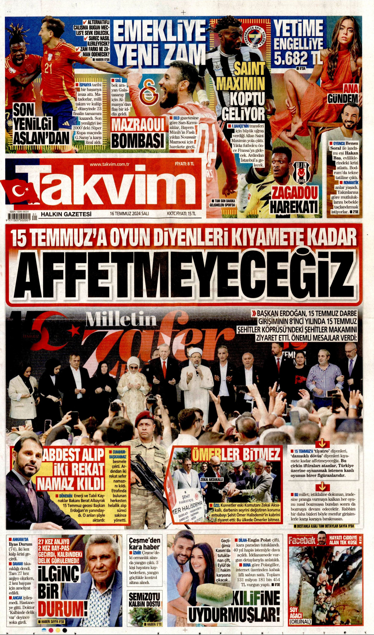 TAKVİM gazetesinin 16 Temmuz 2024 tarihli birinci sayfası