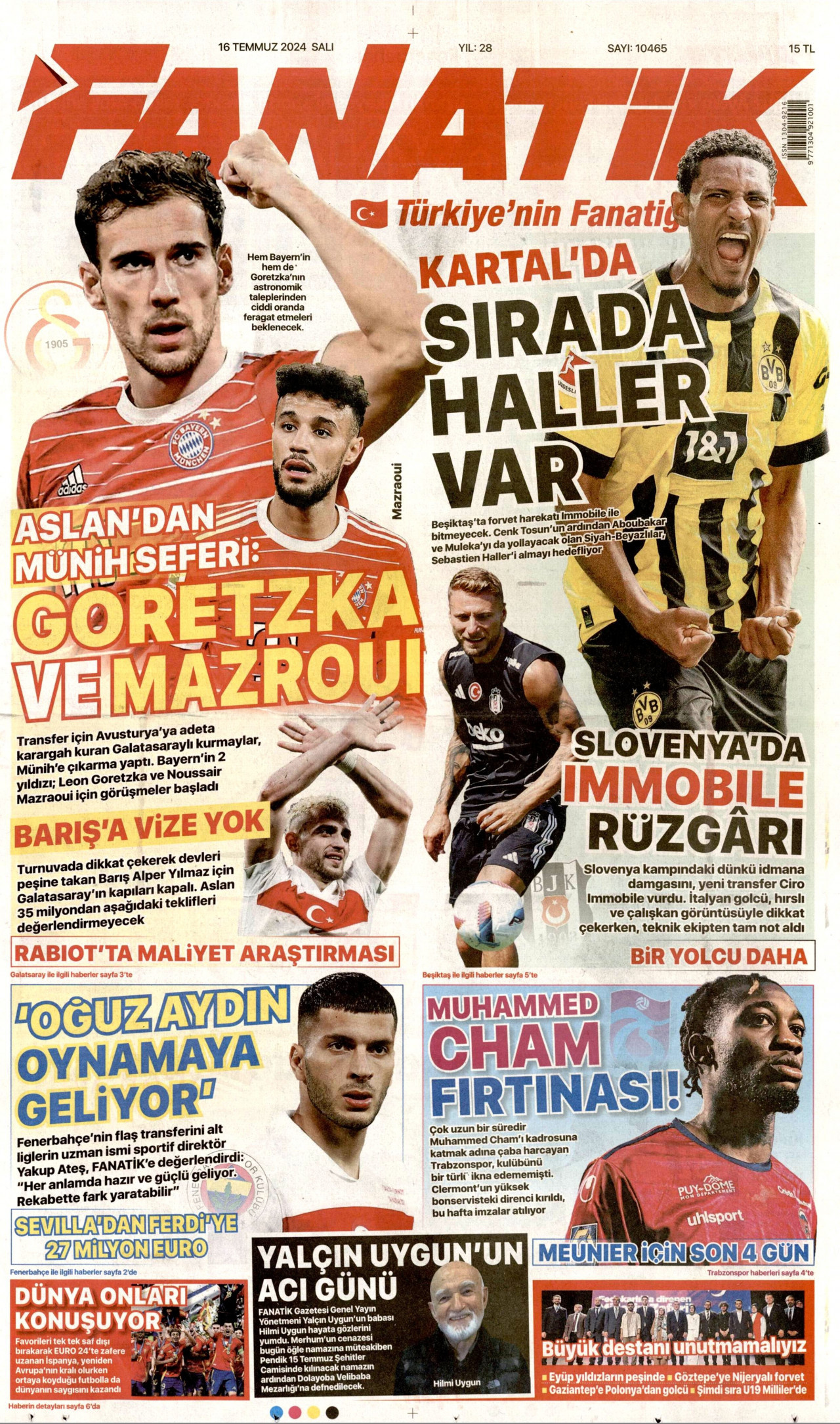 FANATİK gazetesinin 16 Temmuz 2024 tarihli birinci sayfası