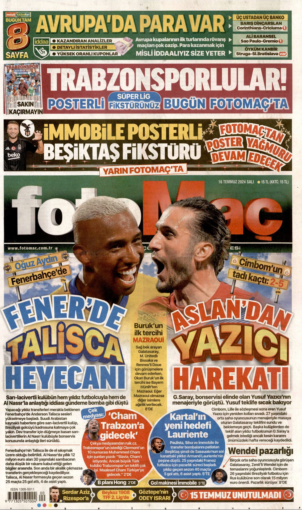 FOTOMAÇ gazetesinin 16 Temmuz 2024 tarihli birinci sayfası