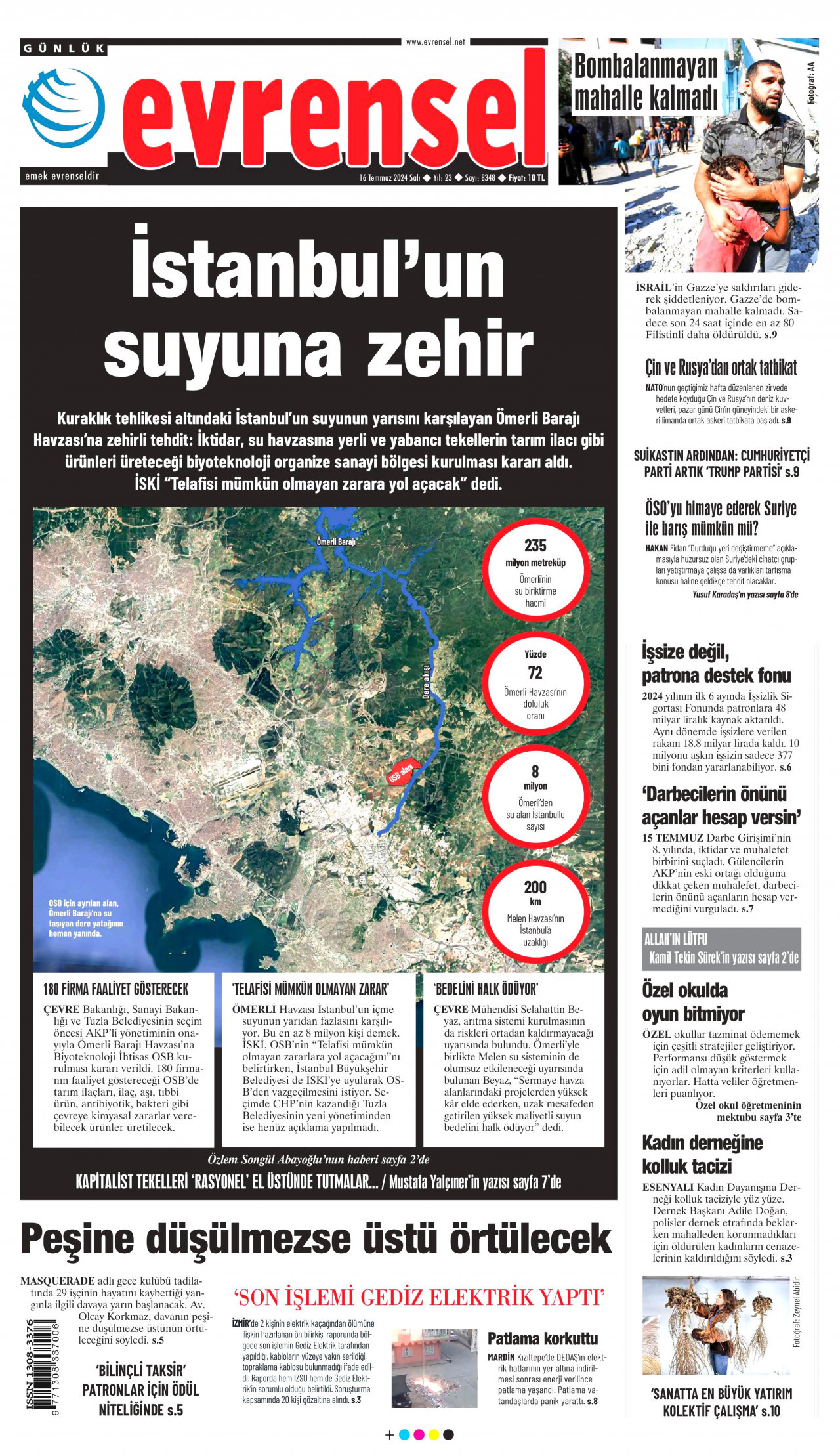 EVRENSEL gazetesinin 16 Temmuz 2024 tarihli birinci sayfası