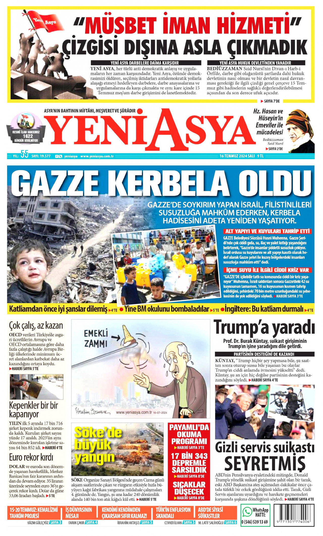 YENİ ASYA gazetesinin 16 Temmuz 2024 tarihli birinci sayfası