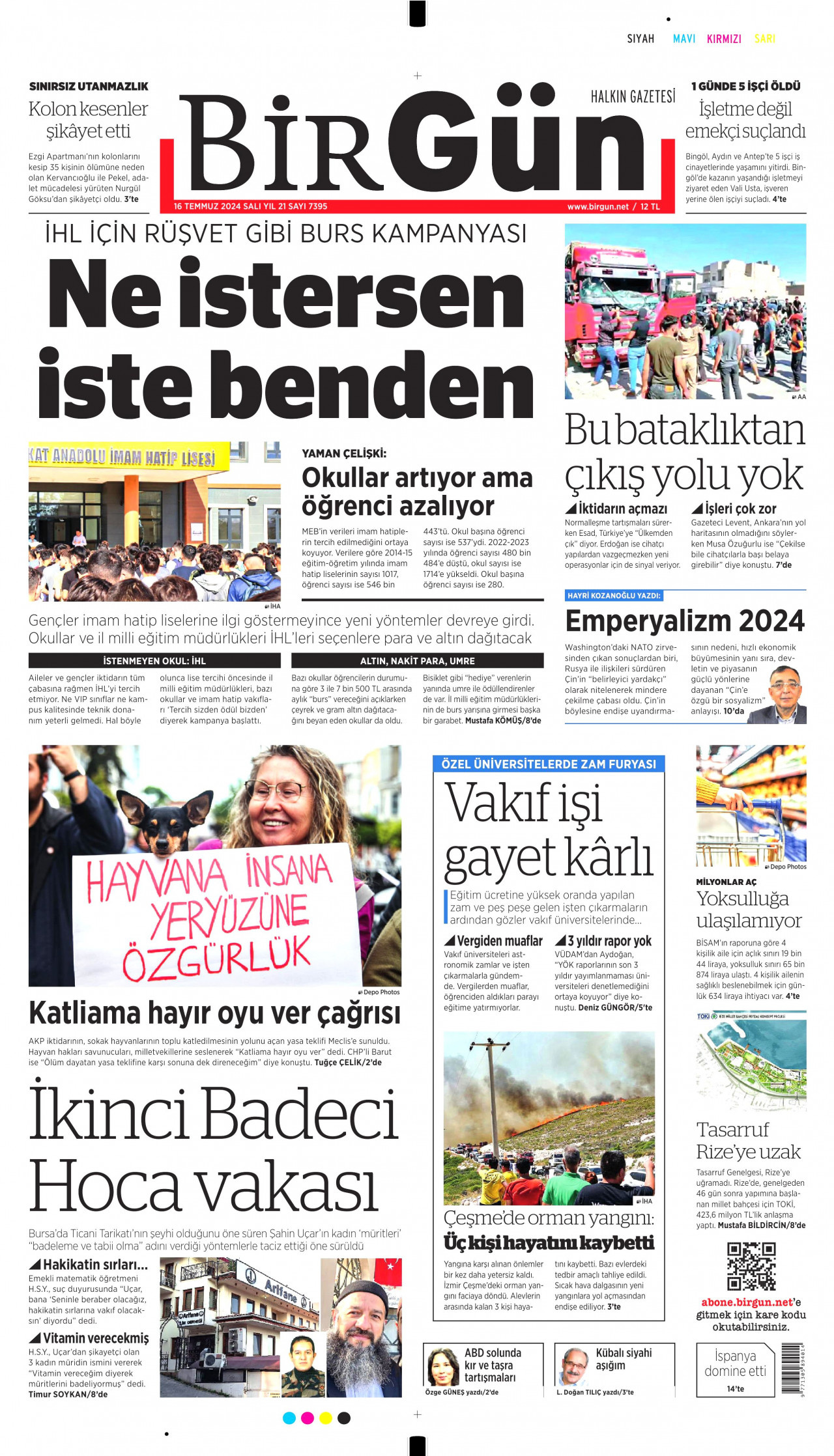 BİRGÜN gazetesinin 16 Temmuz 2024 tarihli birinci sayfası