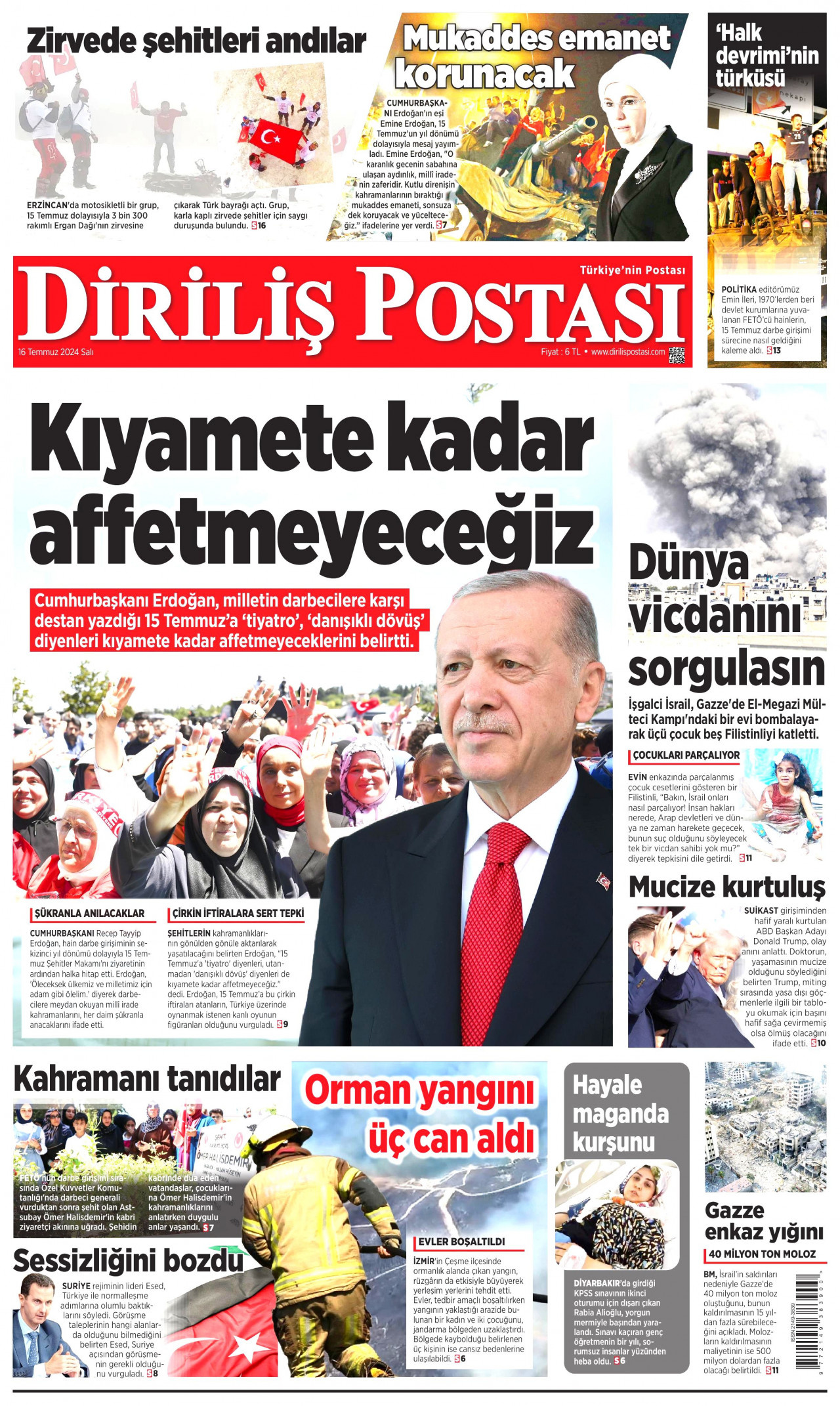 DİRİLİŞ POSTASI gazetesinin 16 Temmuz 2024 tarihli birinci sayfası