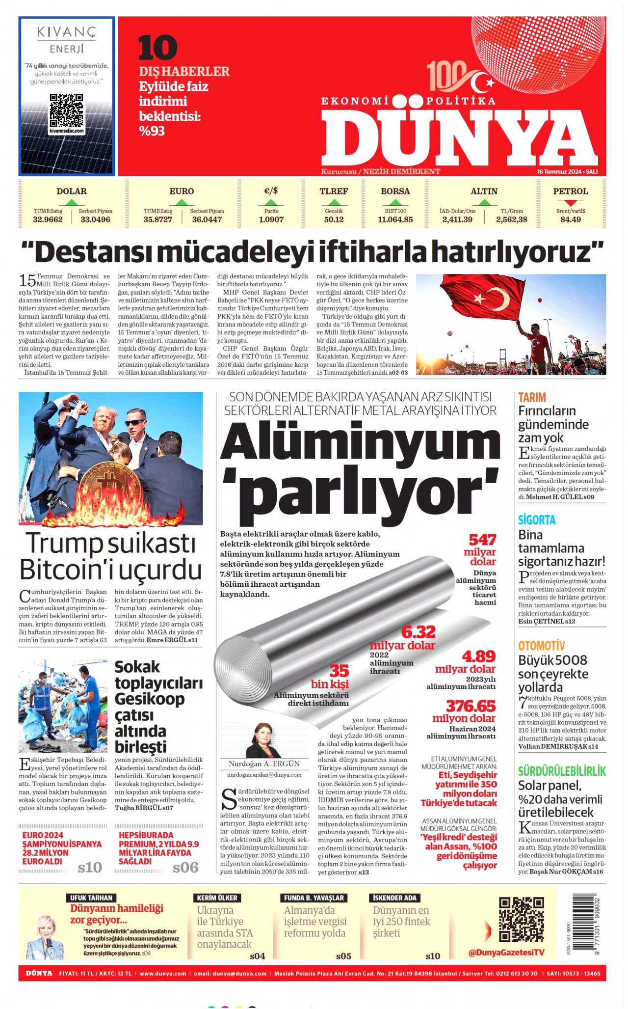 DÜNYA gazetesinin 16 Temmuz 2024 tarihli birinci sayfası