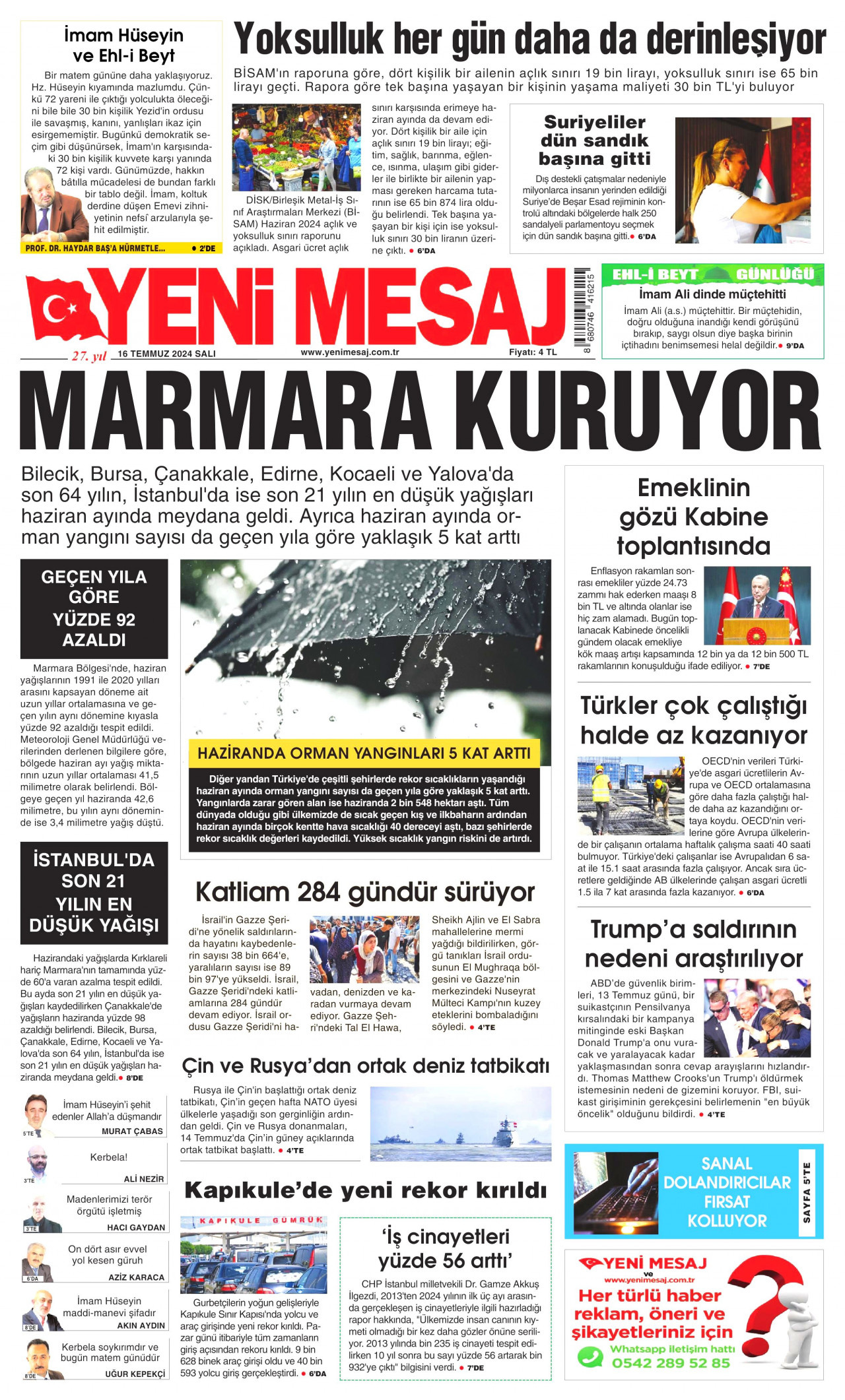 YENİ MESAJ gazetesinin 16 Temmuz 2024 tarihli birinci sayfası