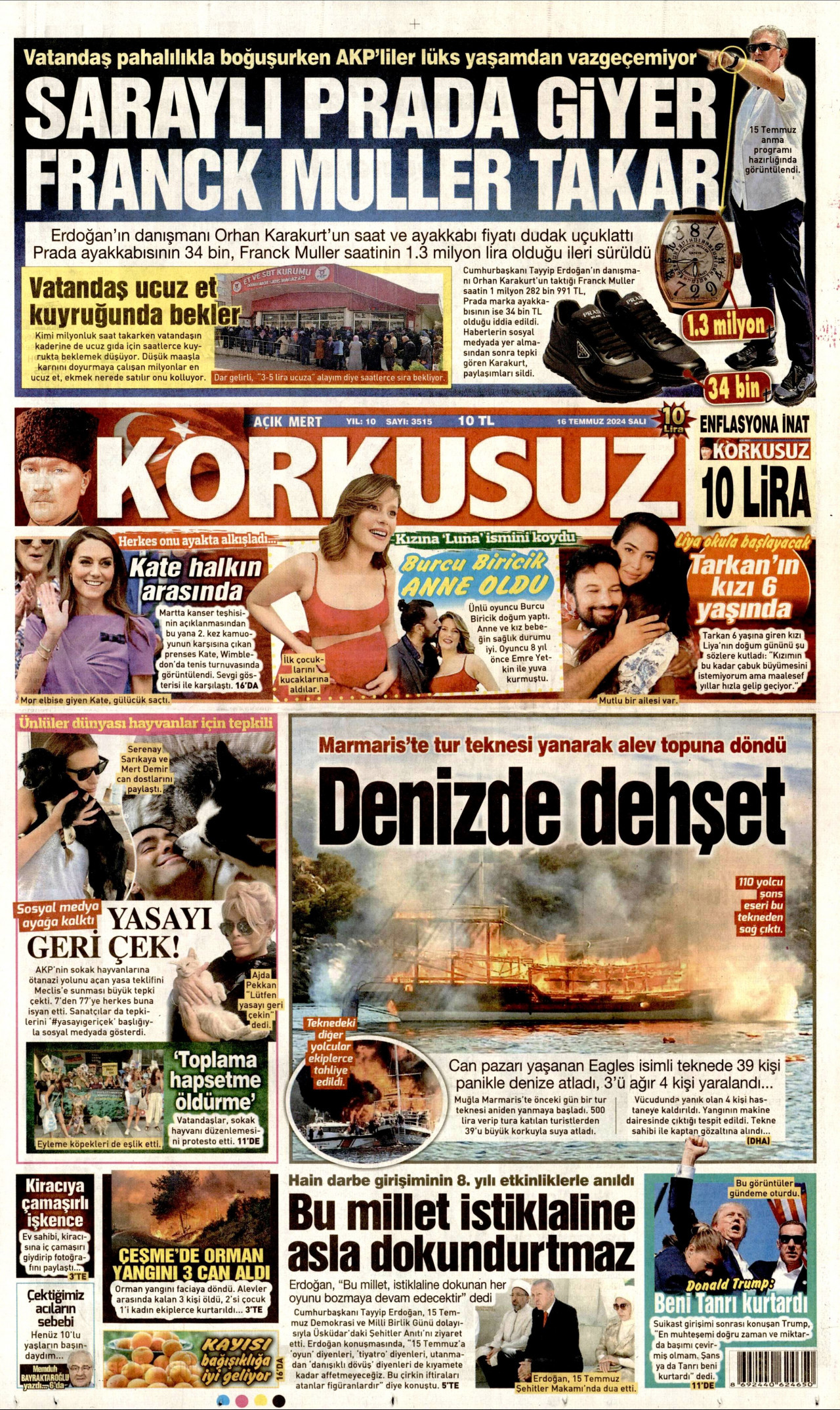 KORKUSUZ gazetesinin 16 Temmuz 2024 tarihli birinci sayfası