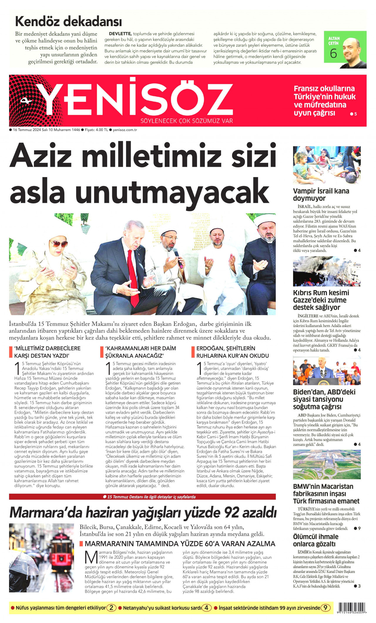 YENİ SÖZ GAZETESİ gazetesinin 16 Temmuz 2024 tarihli birinci sayfası