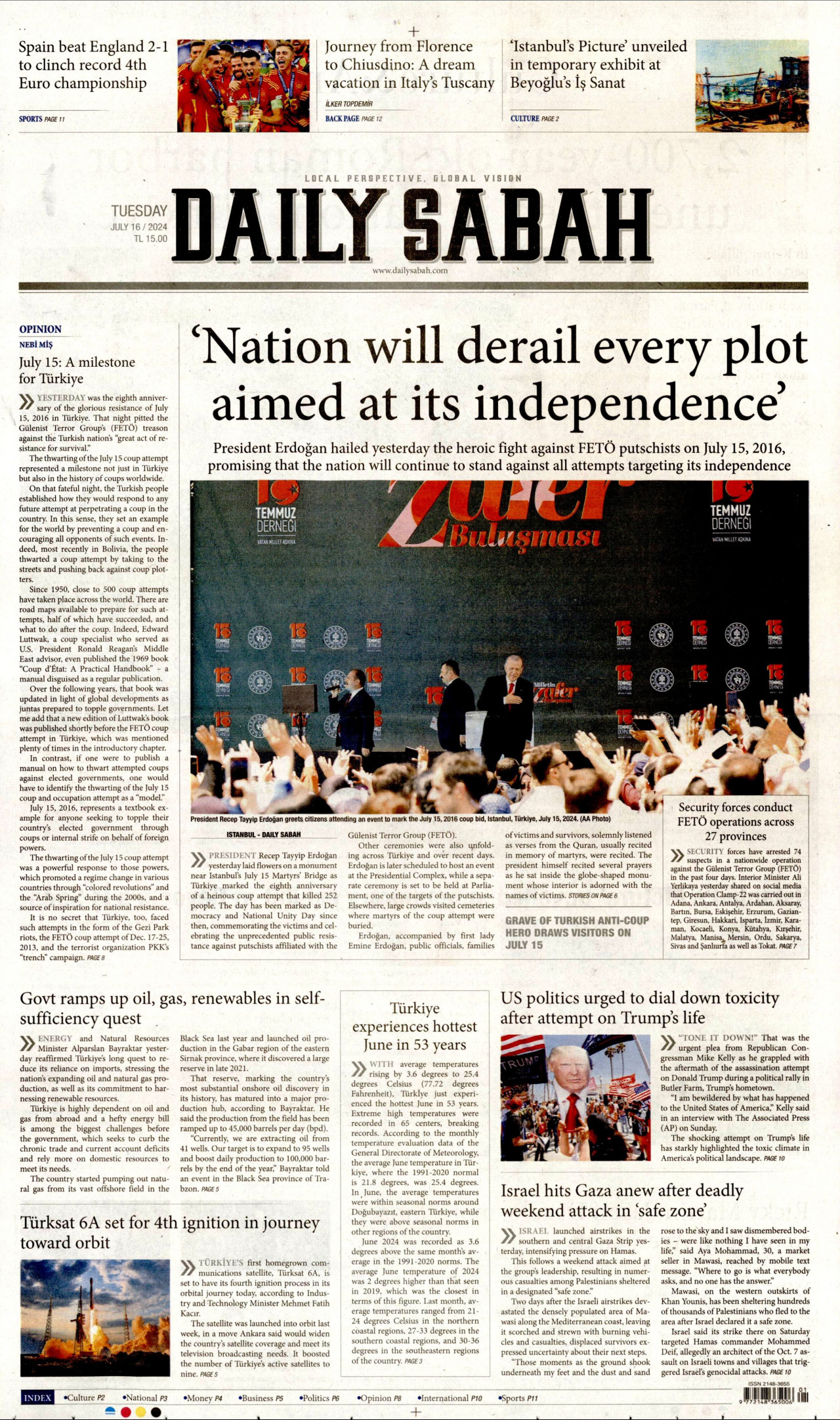 DAİLY SABAH gazetesinin 16 Temmuz 2024 tarihli birinci sayfası