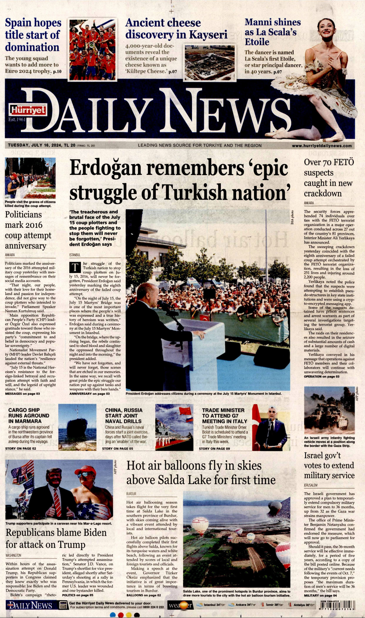 HÜRRİYET DAİLY NEWS gazetesinin 16 Temmuz 2024 tarihli birinci sayfası
