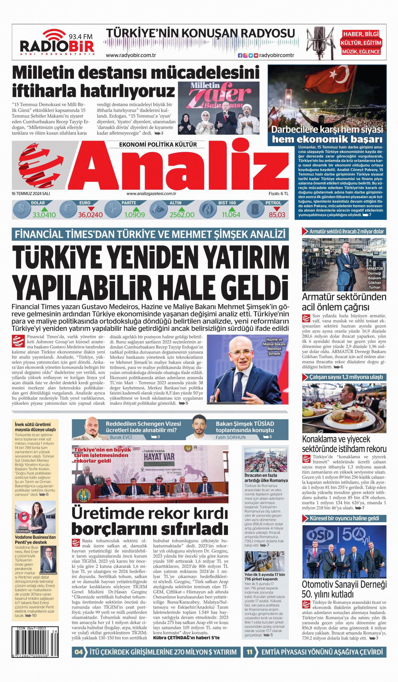 ANALİZ gazetesinin 16 Temmuz 2024 tarihli birinci sayfası