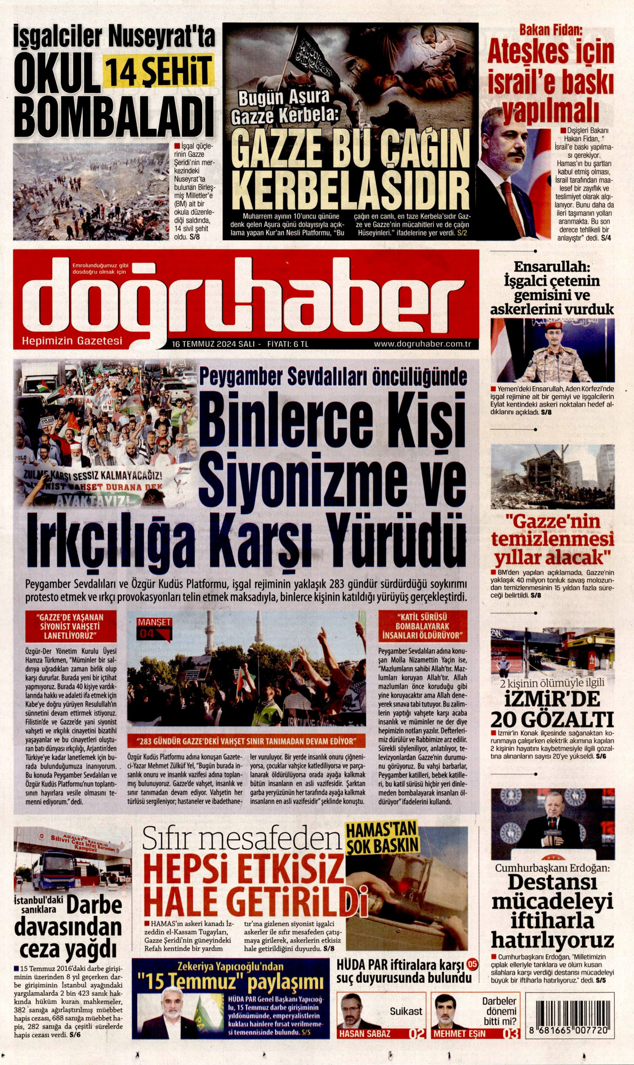 DOĞRU HABER gazetesinin 16 Temmuz 2024 tarihli birinci sayfası