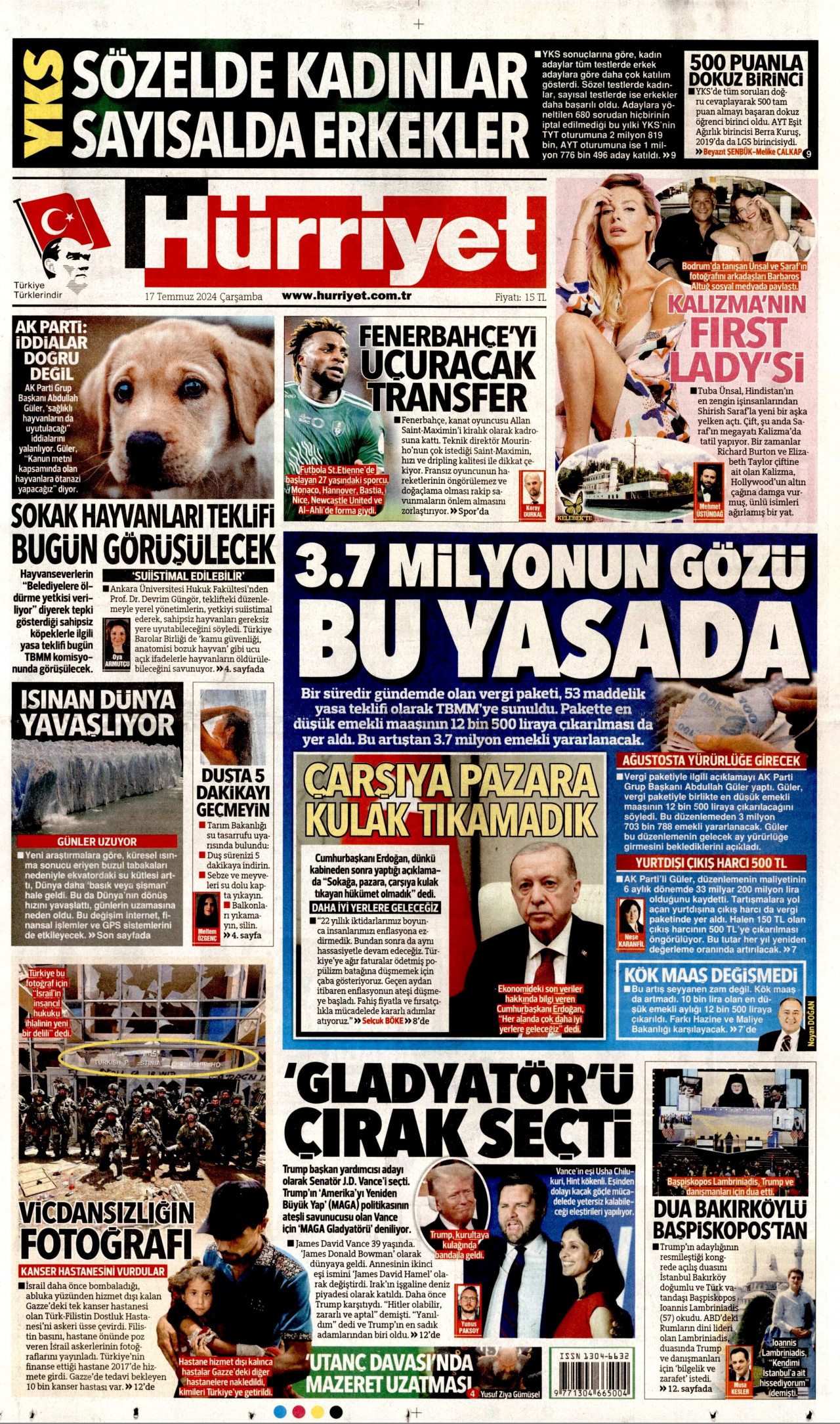 HÜRRİYET gazetesinin 17 Temmuz 2024 tarihli birinci sayfası