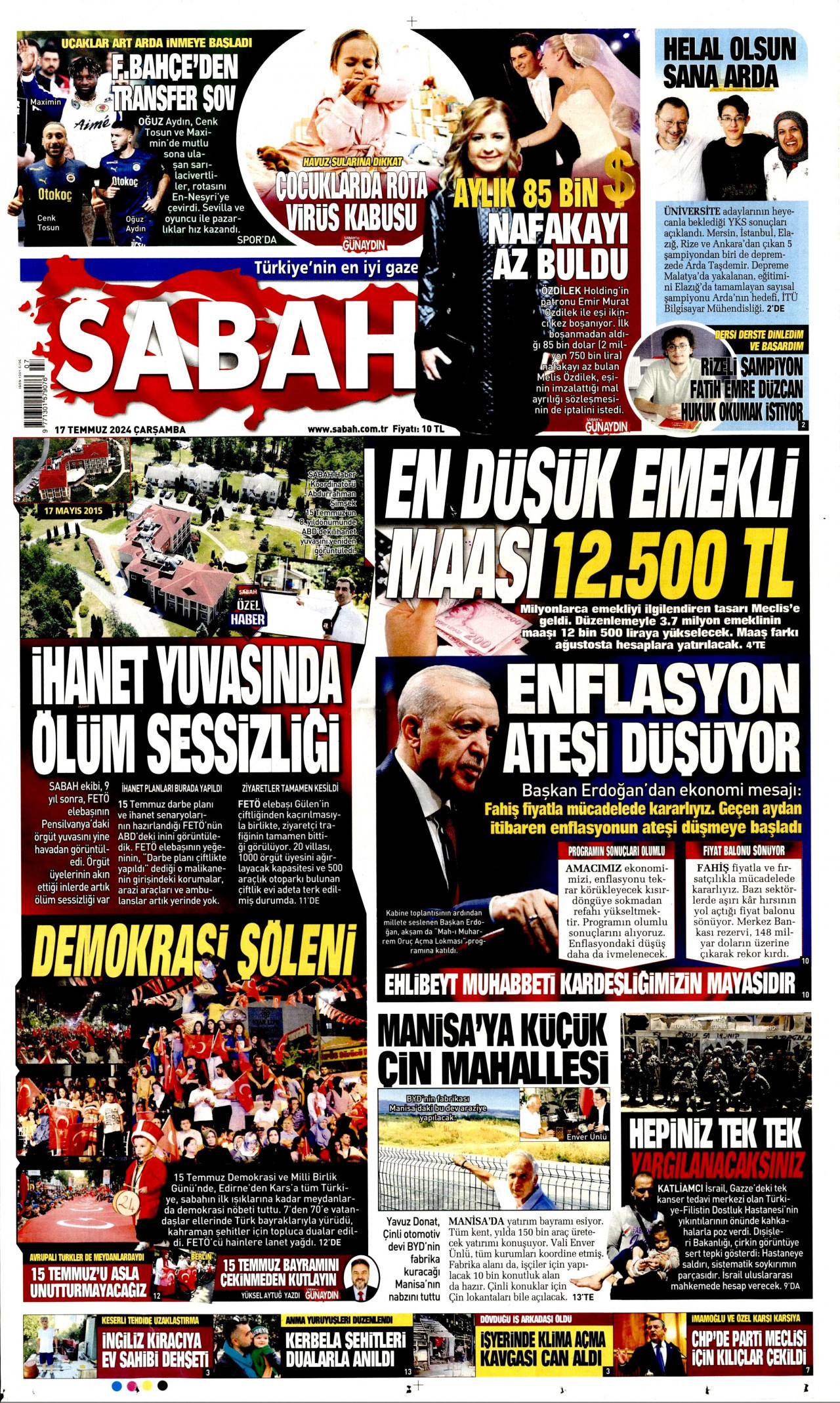 SABAH gazetesinin 17 Temmuz 2024 tarihli birinci sayfası