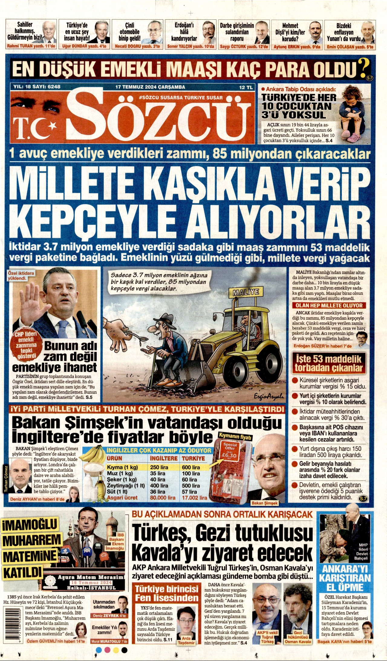 SÖZCÜ gazetesinin 17 Temmuz 2024 tarihli birinci sayfası