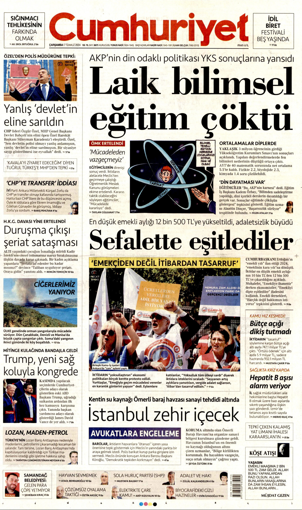 CUMHURİYET gazetesinin 17 Temmuz 2024 tarihli birinci sayfası