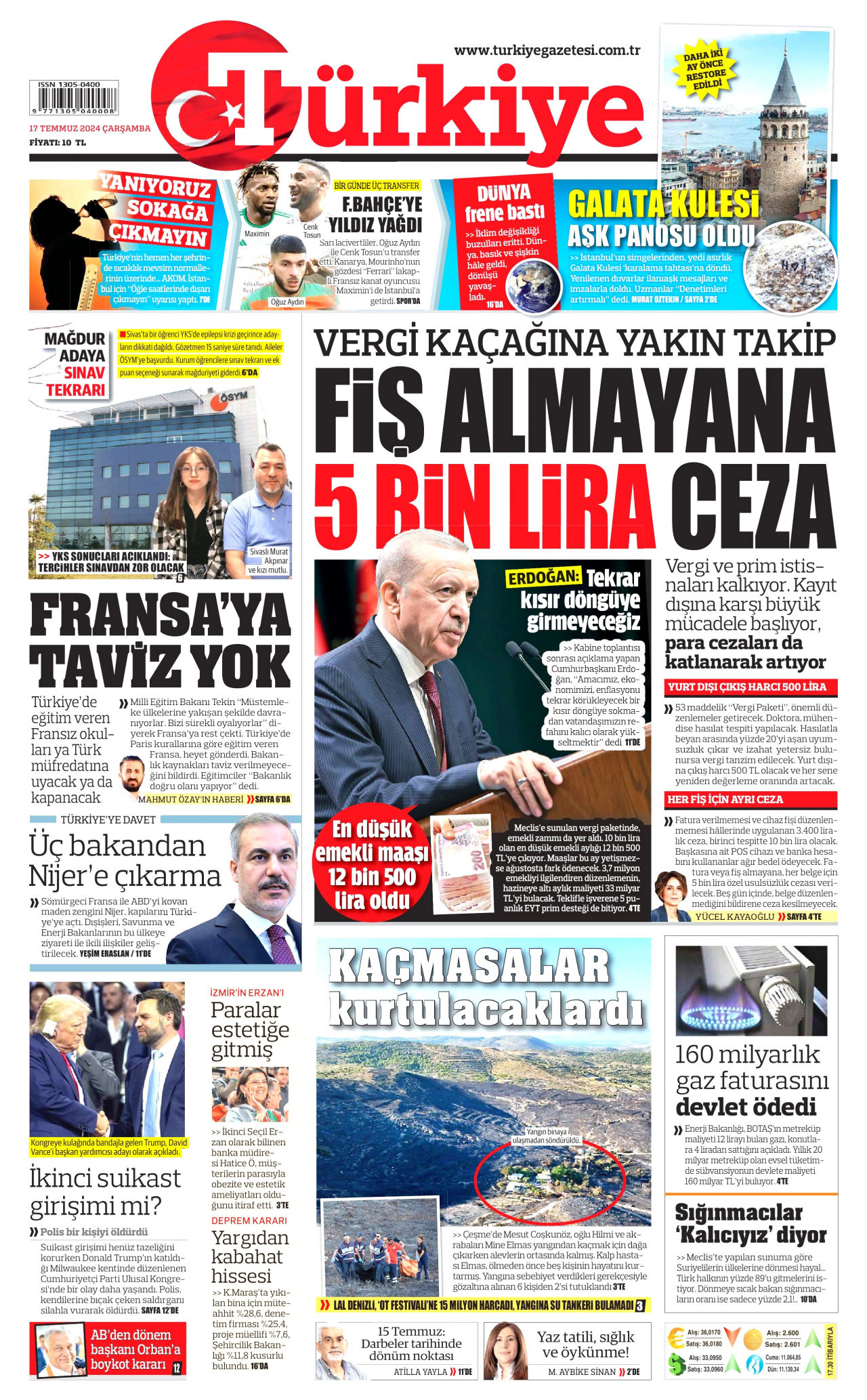 TÜRKİYE GAZETESİ gazetesinin 17 Temmuz 2024 tarihli birinci sayfası