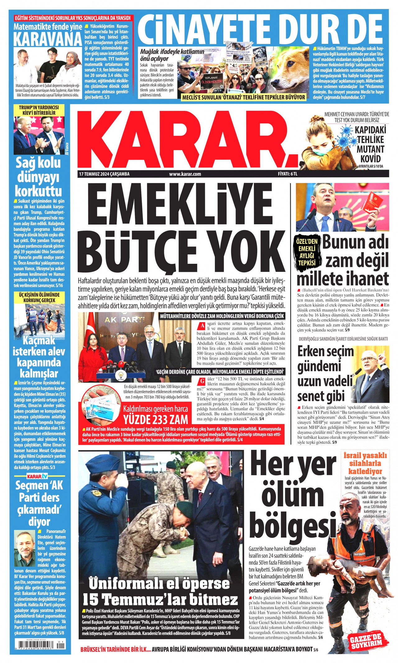 KARAR gazetesinin 17 Temmuz 2024 tarihli birinci sayfası