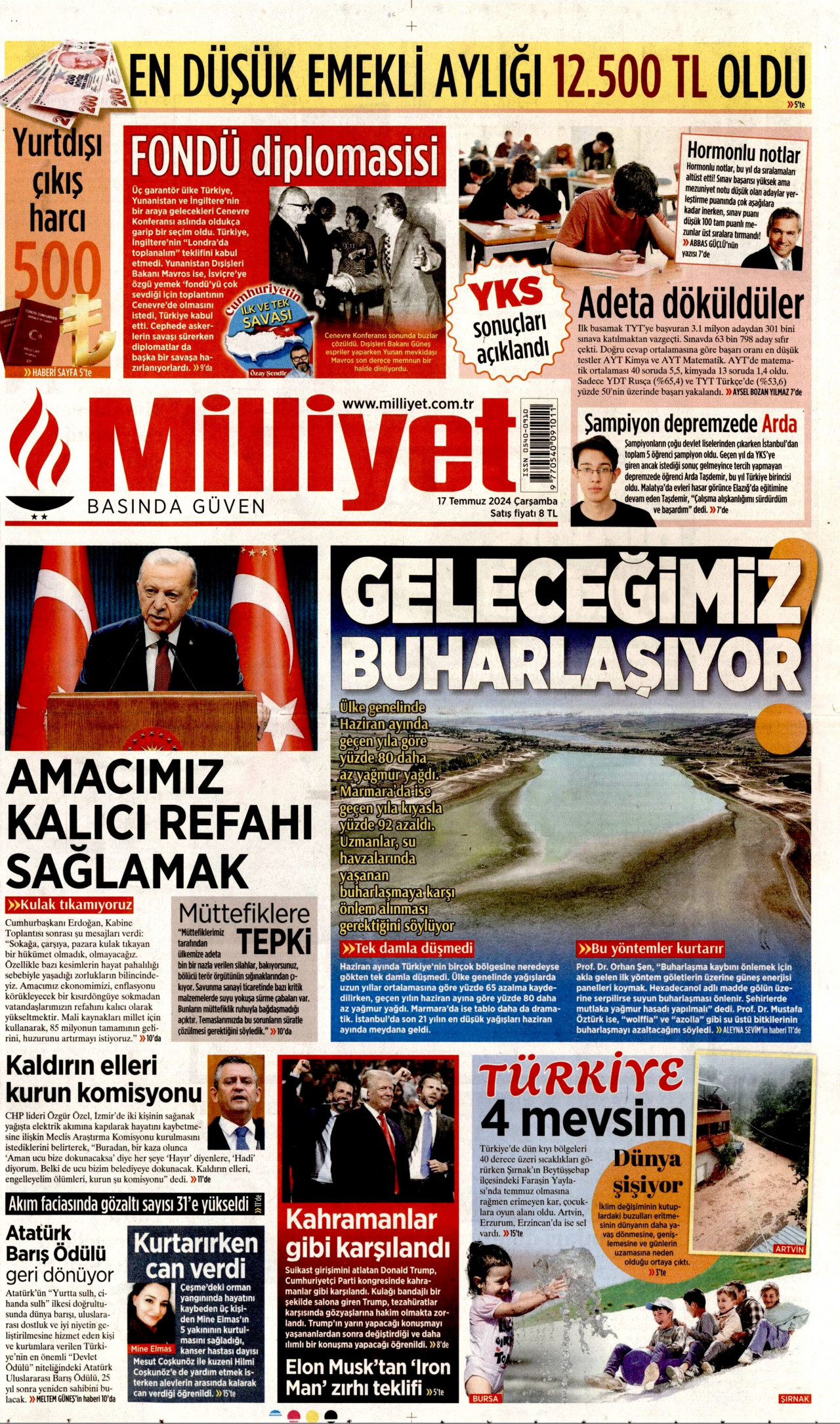 MİLLİYET gazetesinin 17 Temmuz 2024 tarihli birinci sayfası