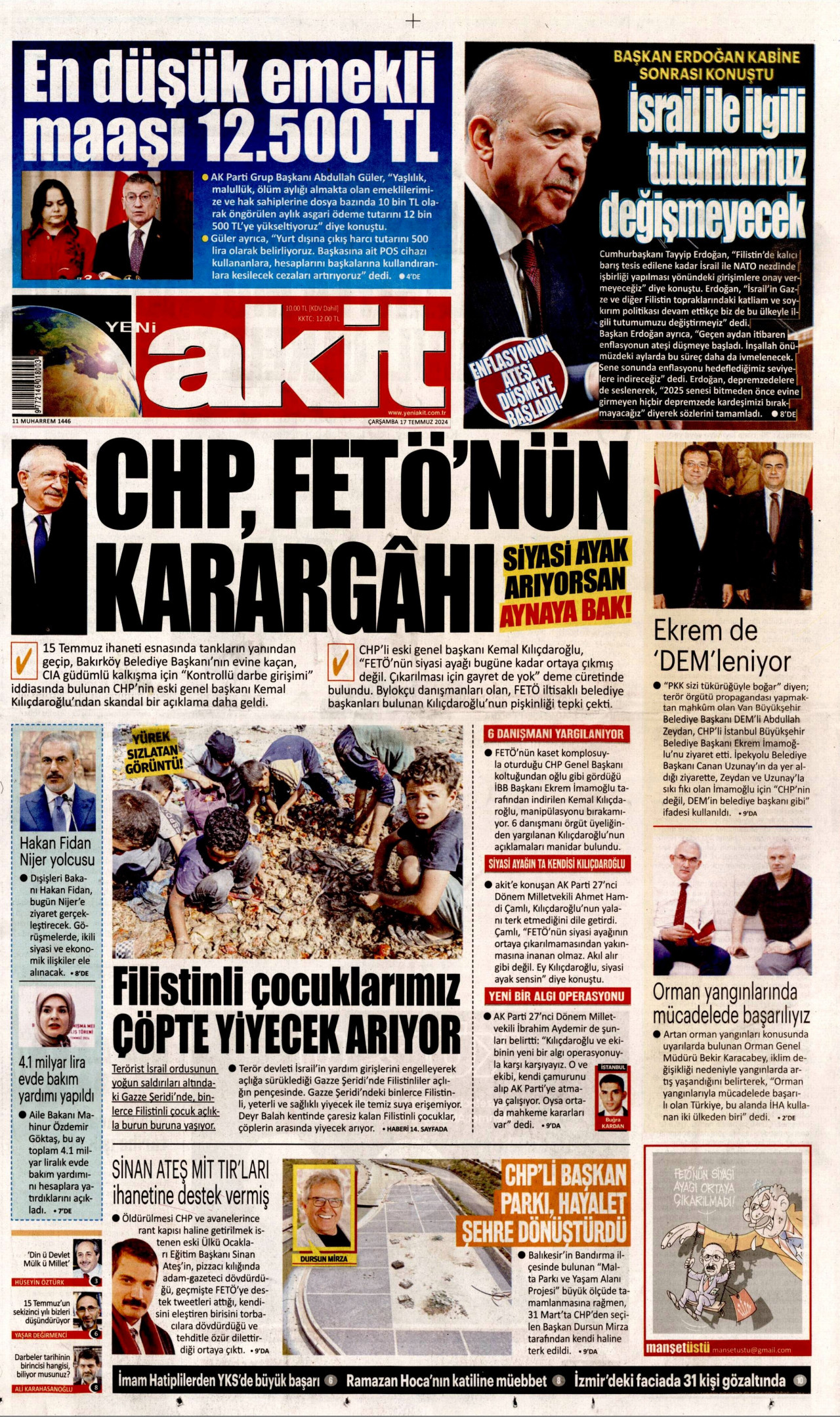 YENİ AKİT gazetesinin 17 Temmuz 2024 tarihli birinci sayfası