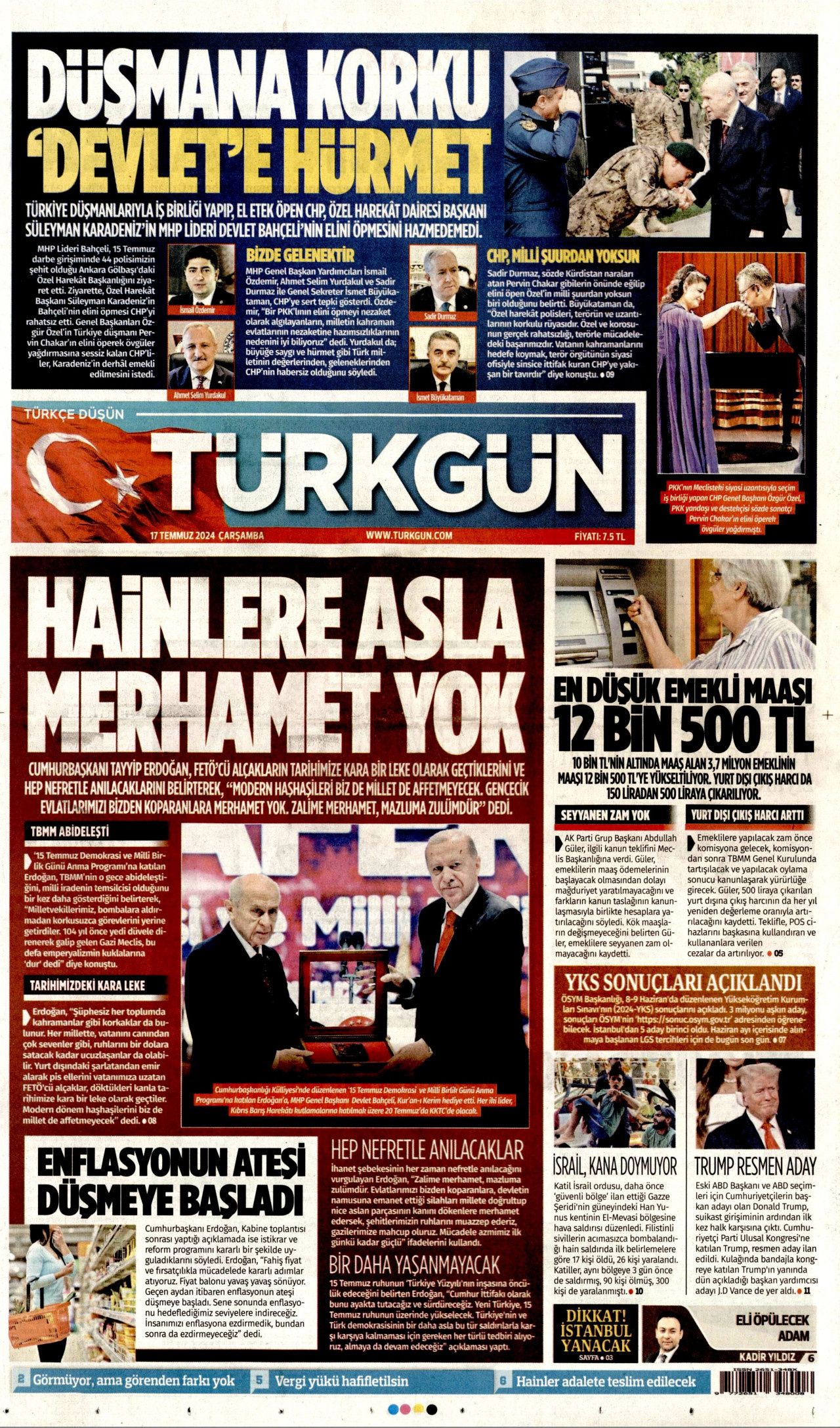 TÜRKGÜN gazetesinin 17 Temmuz 2024 tarihli birinci sayfası