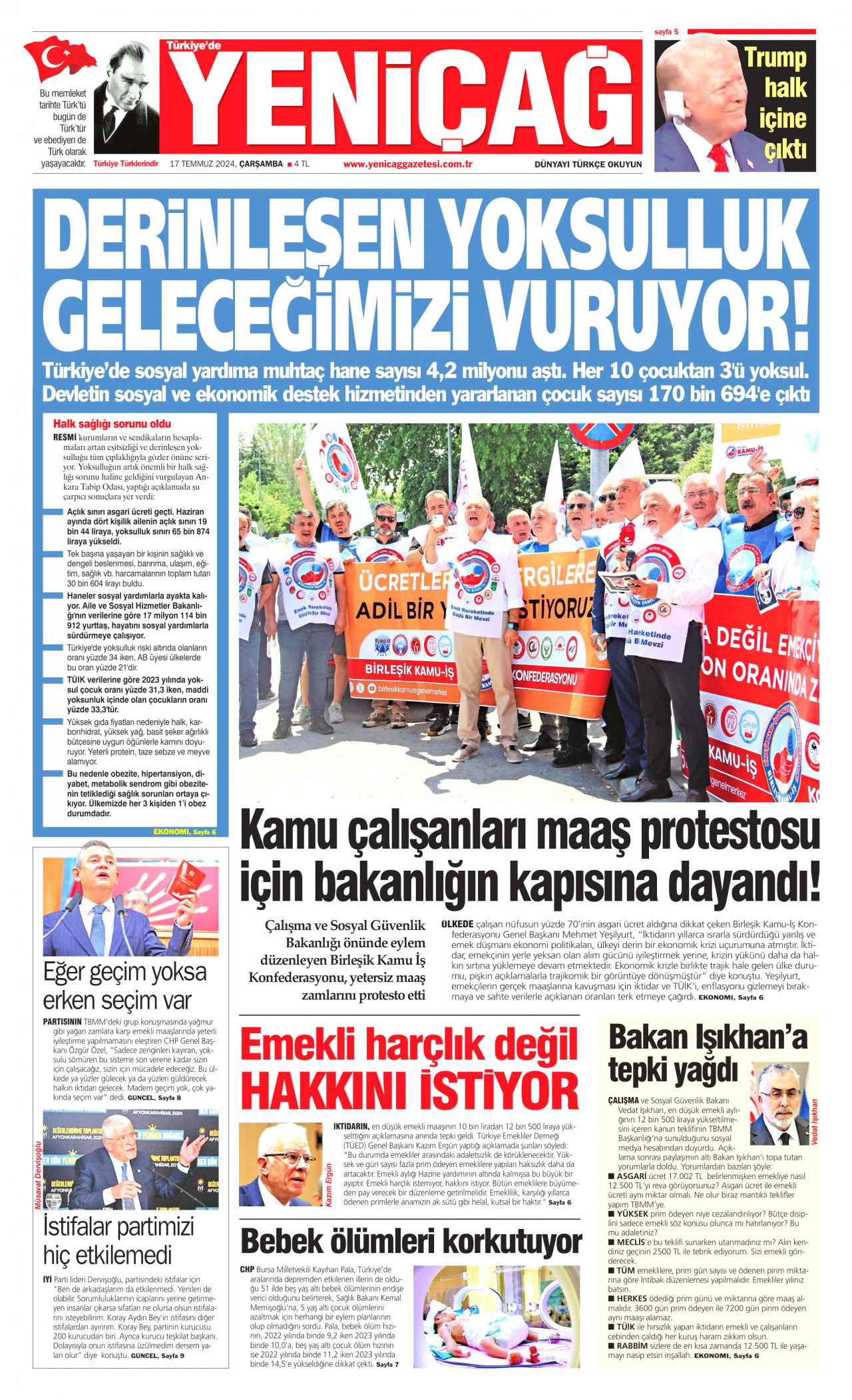 YENİÇAĞ gazetesinin 17 Temmuz 2024 tarihli birinci sayfası