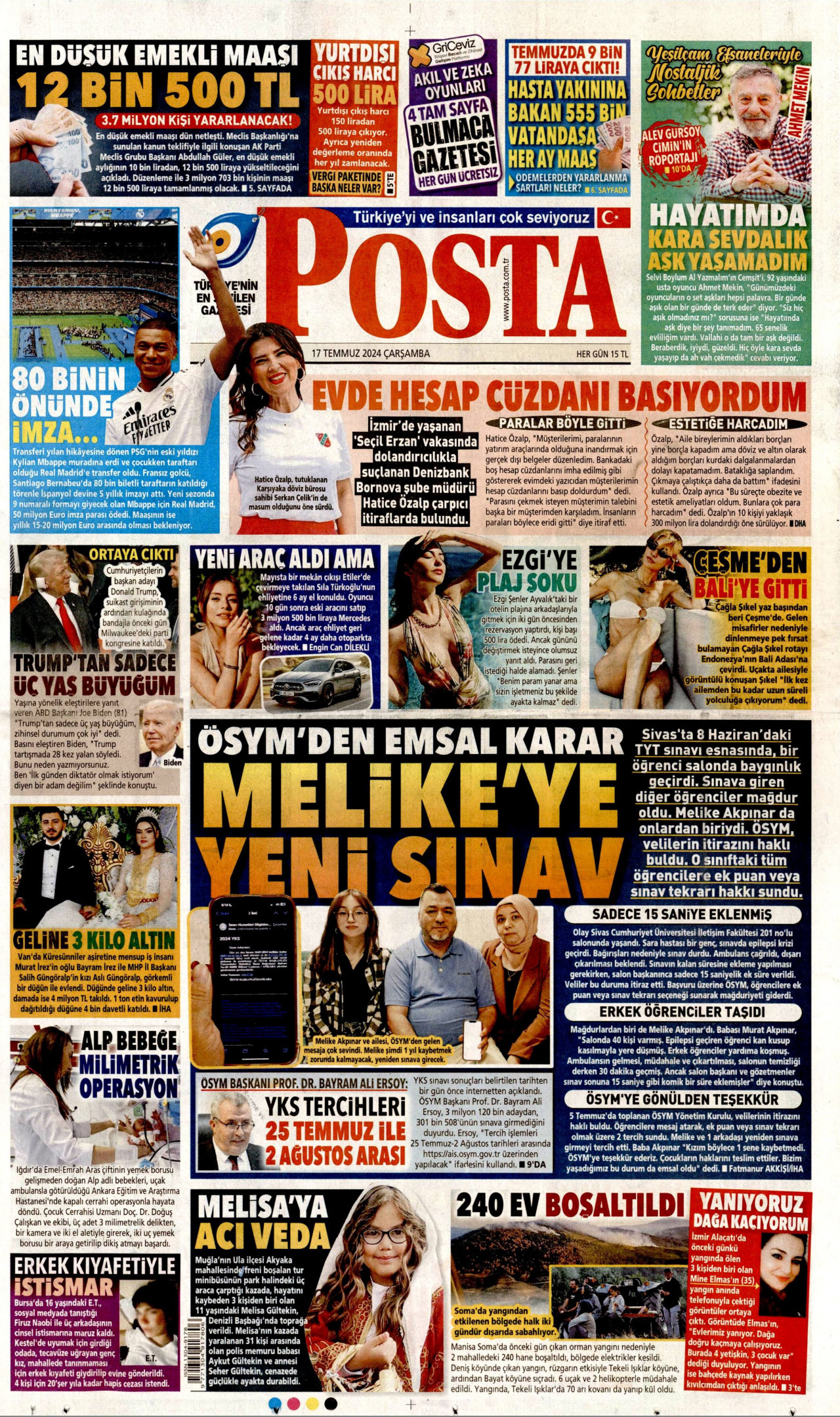 POSTA gazetesinin 17 Temmuz 2024 tarihli birinci sayfası
