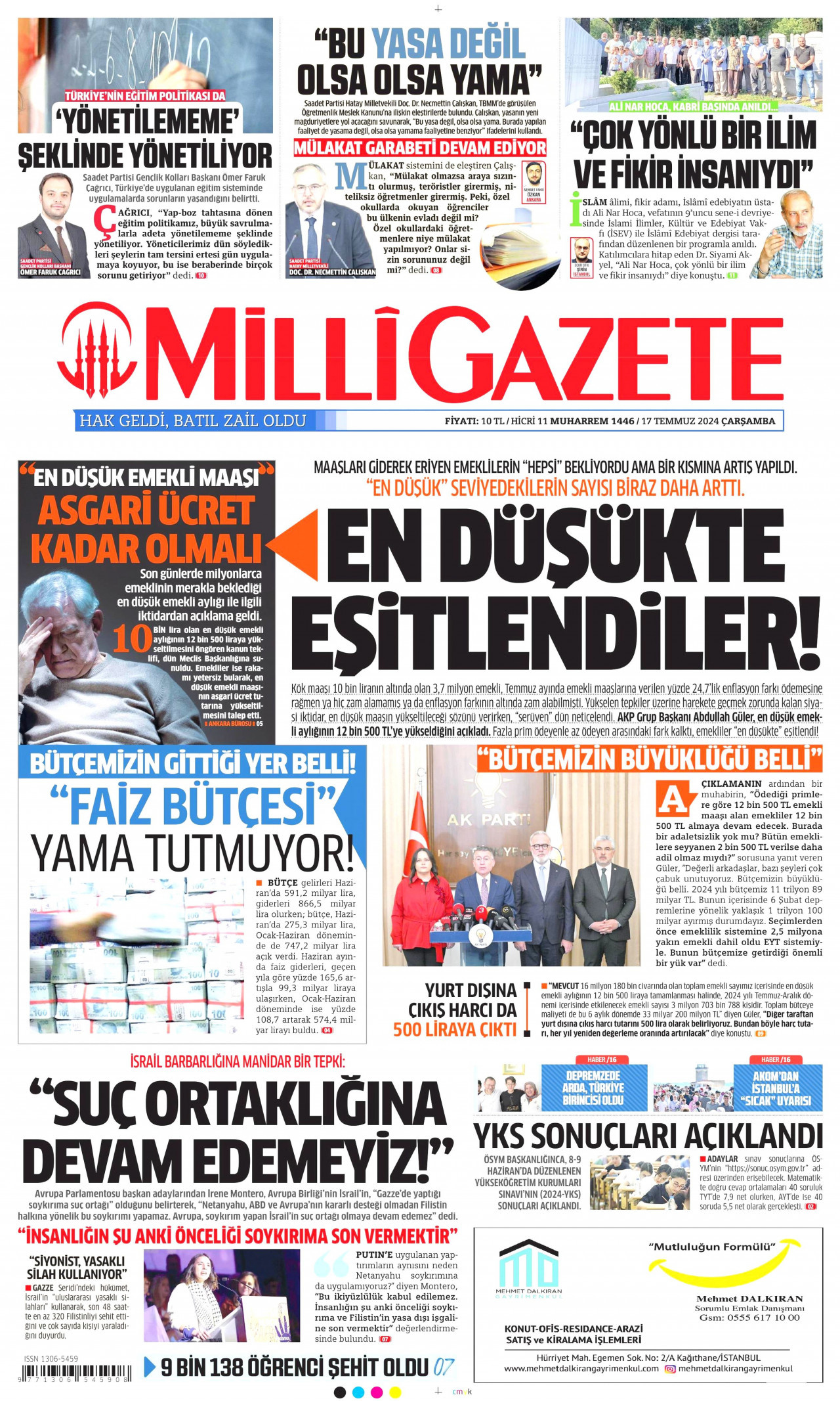 MİLLİ GAZETE gazetesinin 17 Temmuz 2024 tarihli birinci sayfası