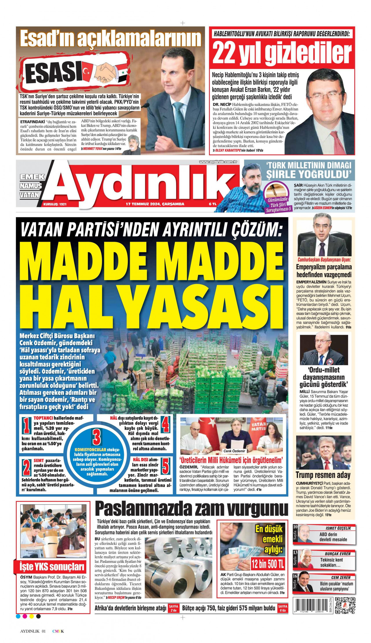 AYDINLIK GAZETESİ gazetesinin 17 Temmuz 2024 tarihli birinci sayfası
