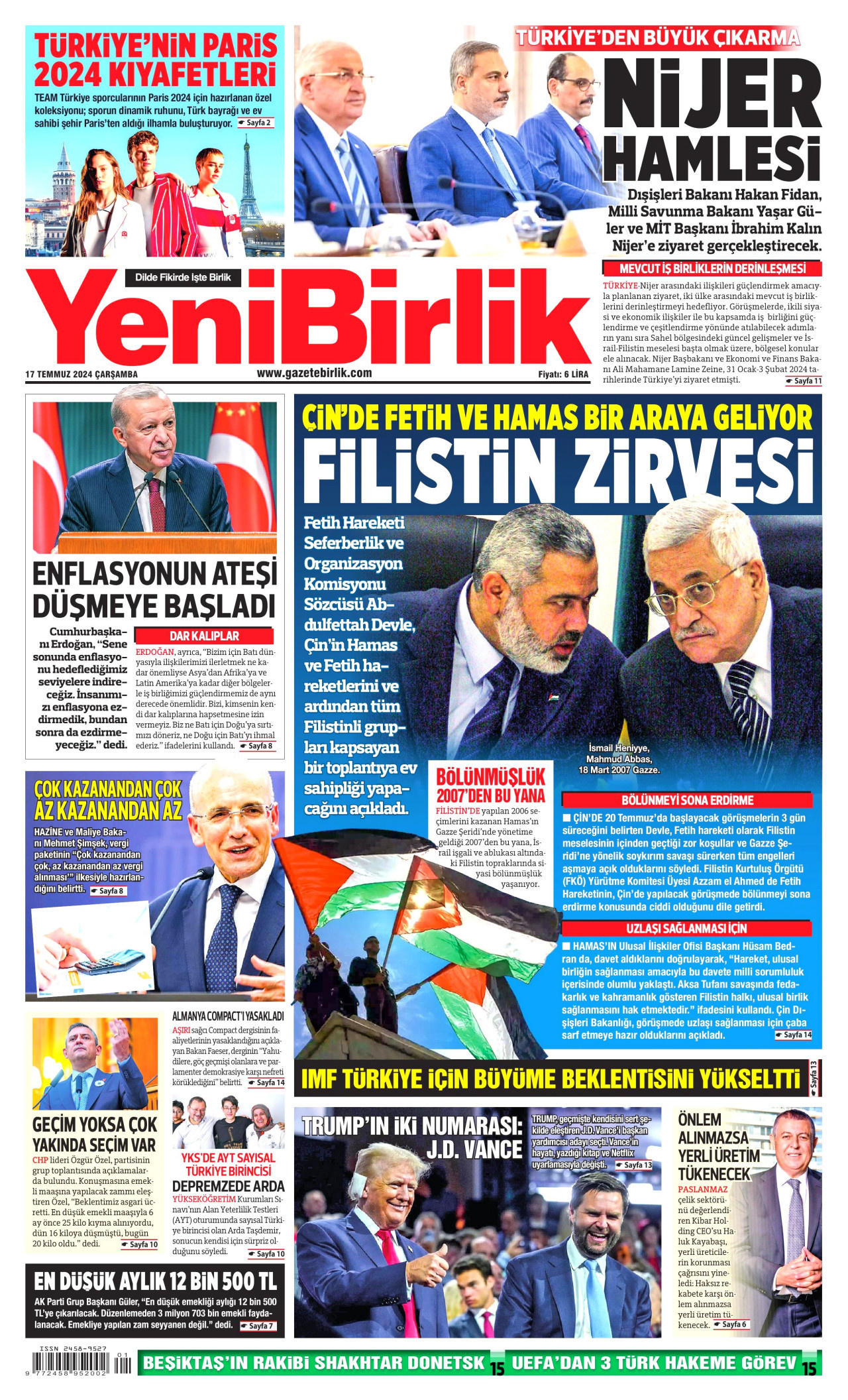 YENİBİRLİK gazetesinin 17 Temmuz 2024 tarihli birinci sayfası