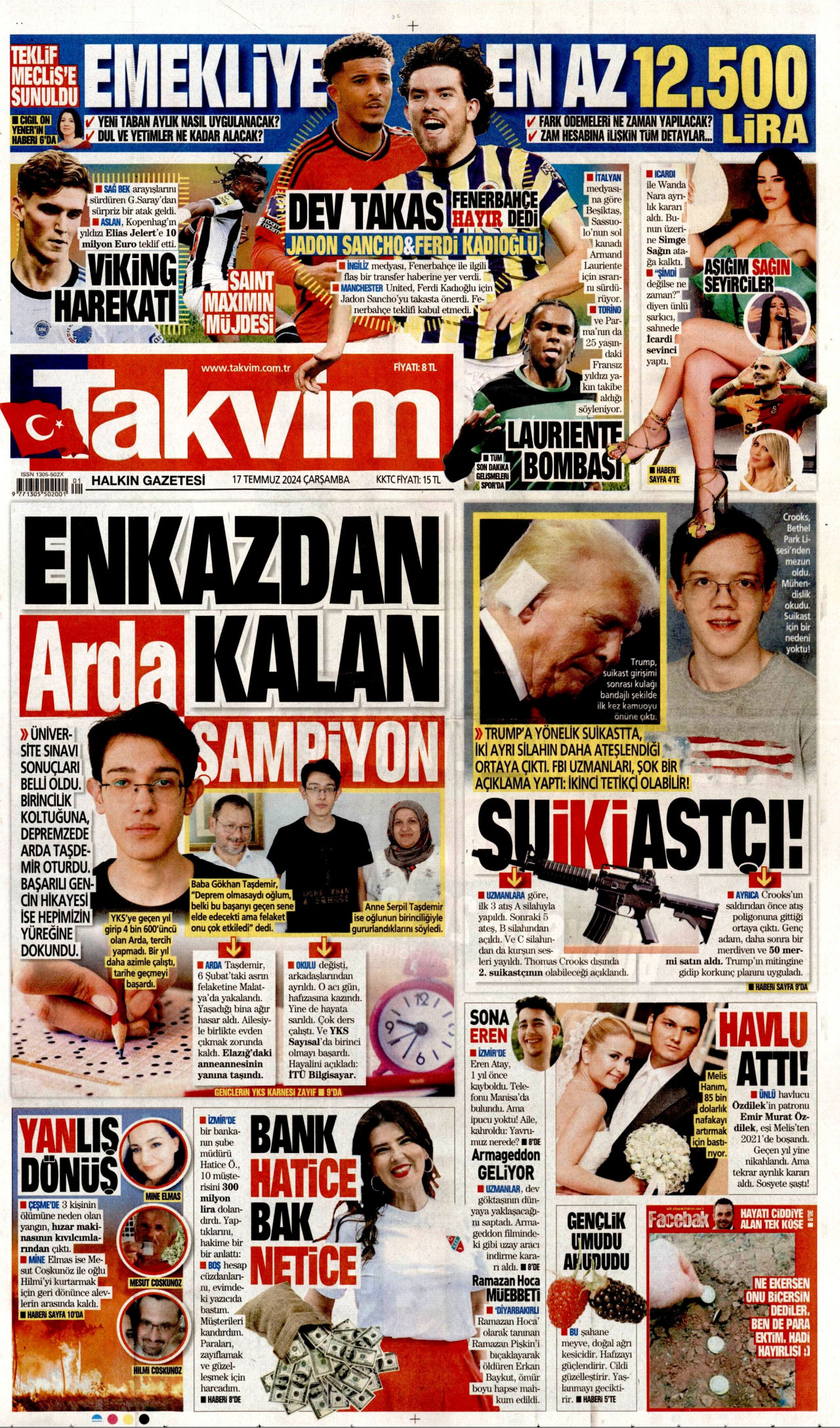 TAKVİM gazetesinin 17 Temmuz 2024 tarihli birinci sayfası
