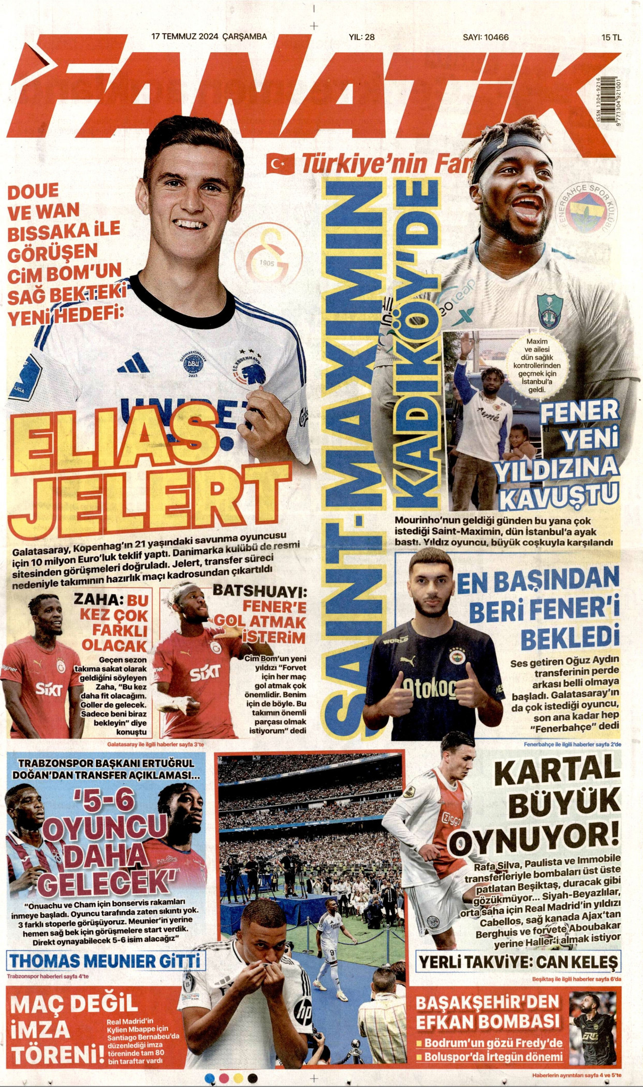 FANATİK gazetesinin 17 Temmuz 2024 tarihli birinci sayfası