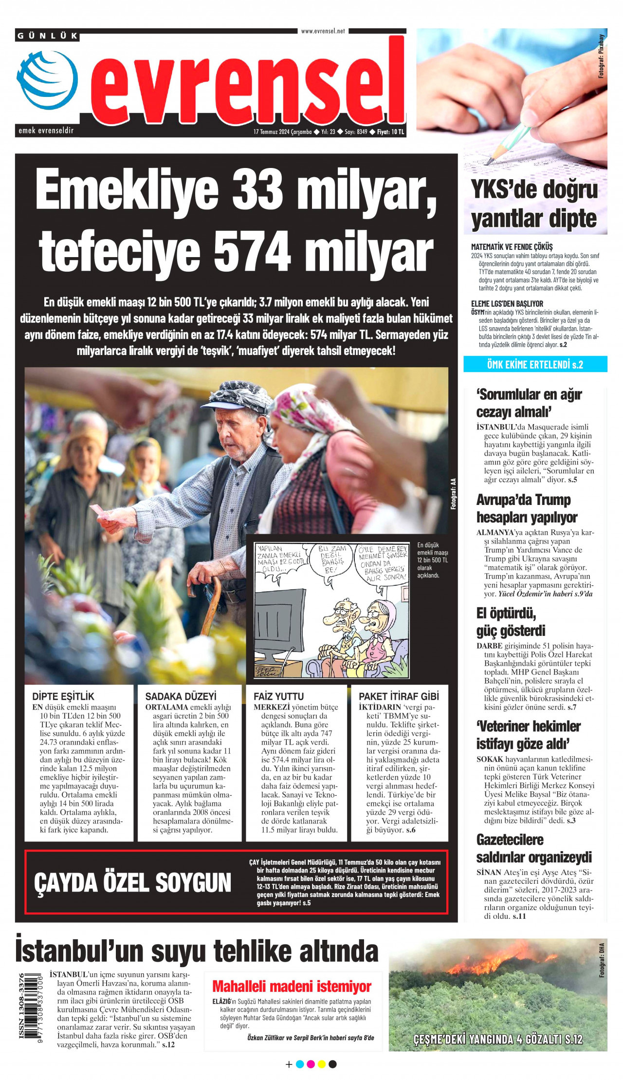 EVRENSEL gazetesinin 17 Temmuz 2024 tarihli birinci sayfası